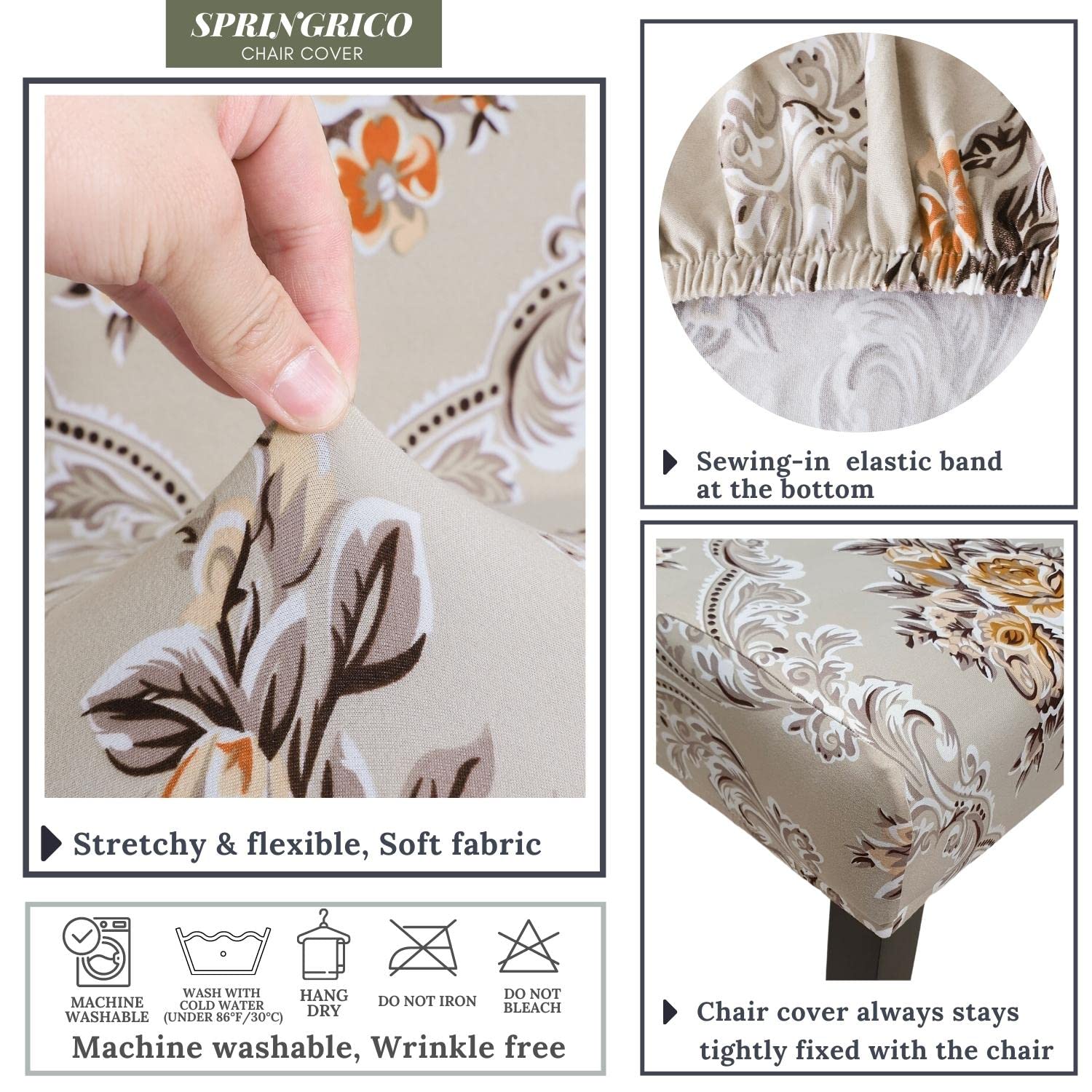 SPRINGRICO 6-Pack Stretch Dining Chair Covers - Washable Spandex Slipcovers for Kitchen & Parsons Chairs - Removable Seat Protectors for Home, Party & Restaurant Use (Floral Zen Design, Set of 6)