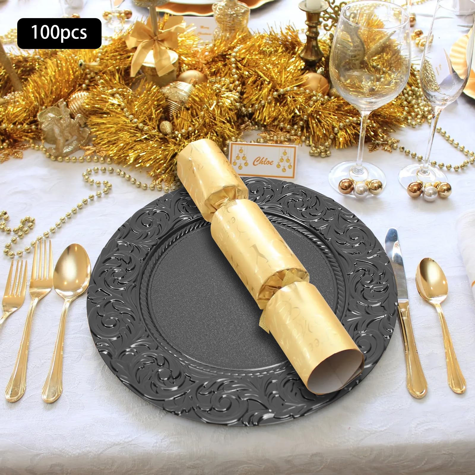 100 Pcs Antique Black Charger Plates - 13 Inch Round Plastic Dinner Plates with Embossed Floral Rim - Bulk Decorative Chargers for Wedding, Banquet & Formal Dining Events - Durable Disposable Server Plates for Parties, Catering & Special Occasions