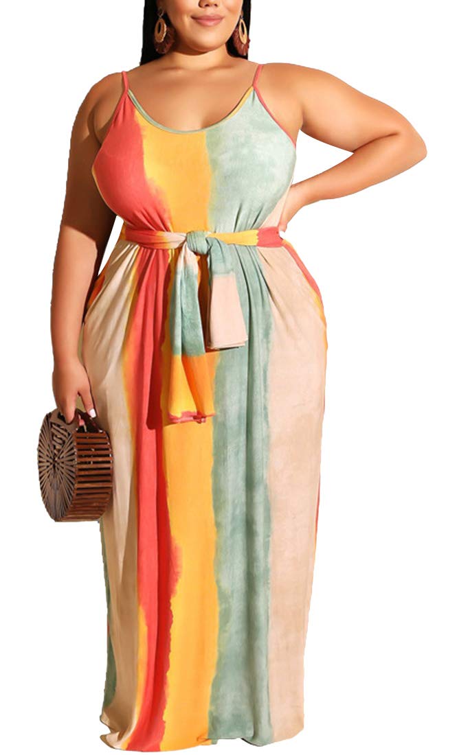 Aro Lora Women's Plus Size Maxi Dress - Casual Sleeveless Striped Long Dress with Pockets & Belt | Summer Beach Wear, Vacation Outfit, Boho Chic Fashion