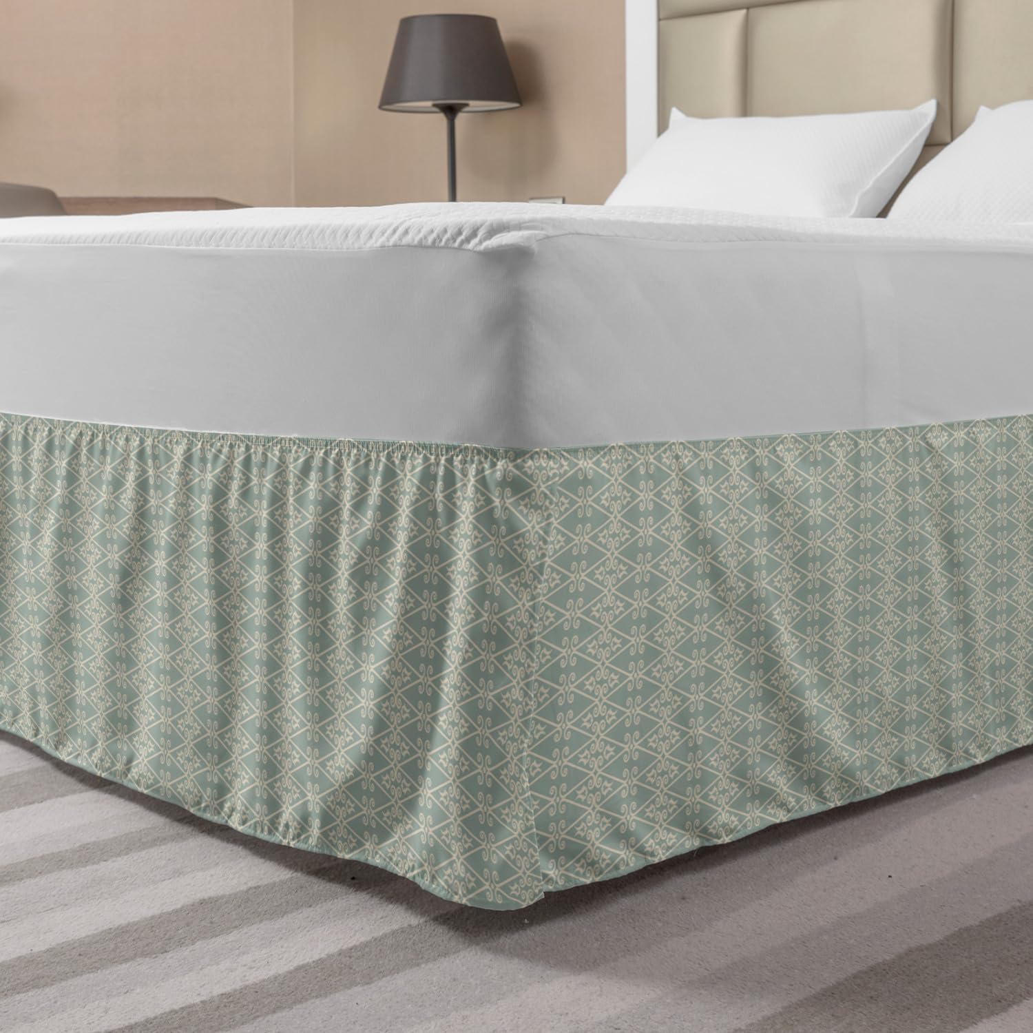 Ambesonne Retro Bedskirt - Classic Antique Damask Victorian Design with Swirly Branches & Ottoman Tulips | Elastic Wrap Around Bed Skirt with Gathered Detail | King Size in Pale Teal Champagne | Perfect for Vintage Bedroom Decor & Guest Room Styling