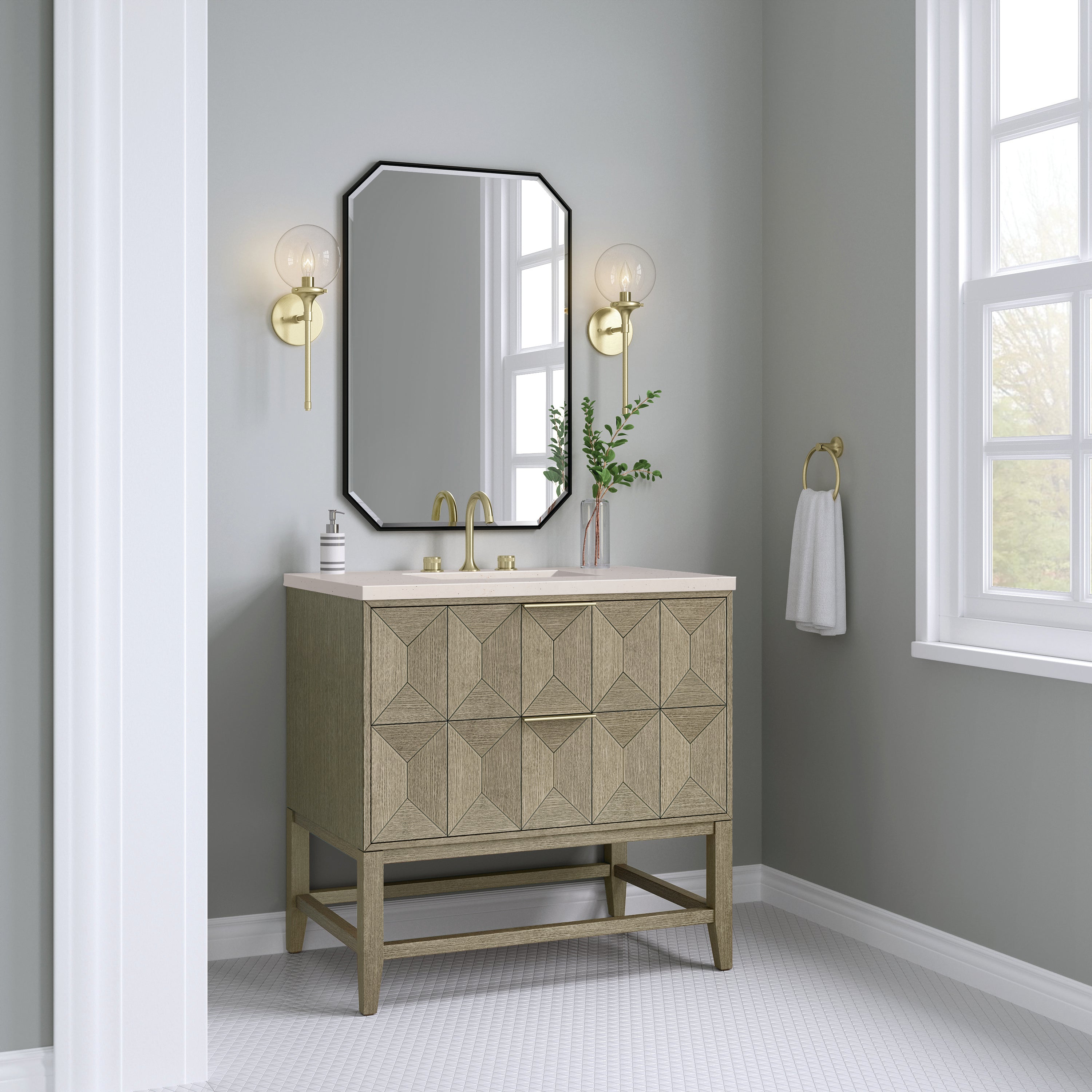 Emmeline 36 Inch Single Bathroom Vanity with Pebble Oak Finish & 3CM Eternal Marfil Stone Top - Perfect for Modern Master Bathrooms & Powder Rooms