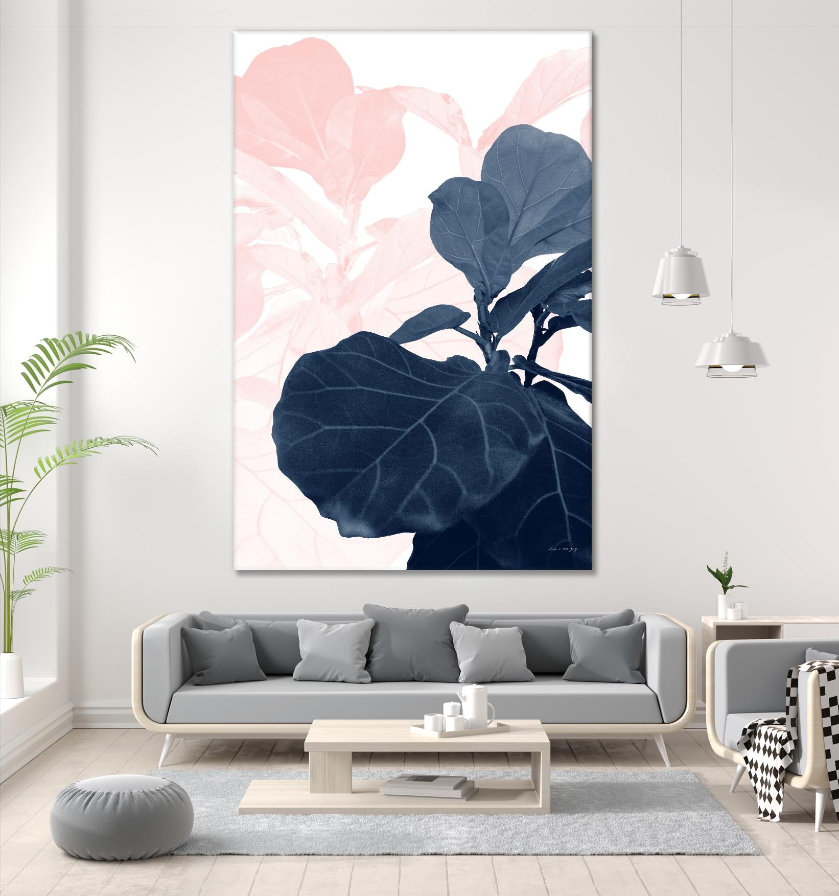Blush Blue Fiddle Leaf Dream Tropical Wall Art - Modern Botanical Decor for Living Room, Bedroom & Office