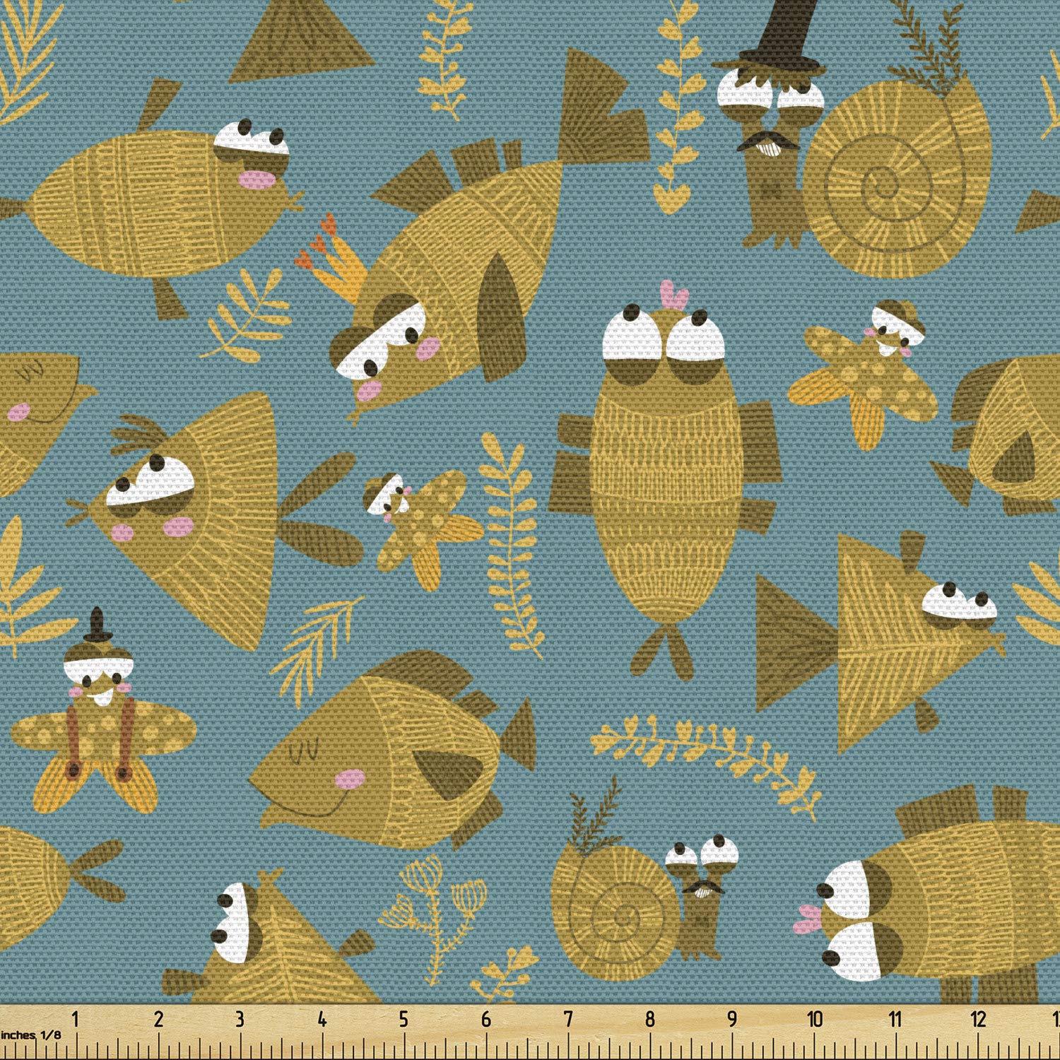 Ambesonne Under The Sea Fabric by The Yard - Snail Fish Cartoon Print with Funny Expressions - 10 Yards of Petrol Blue & Pale Brown Upholstery Fabric for Sofa, Curtains & Home Decor | Perfect for DIY Projects, Nursery & Coastal Theme Rooms