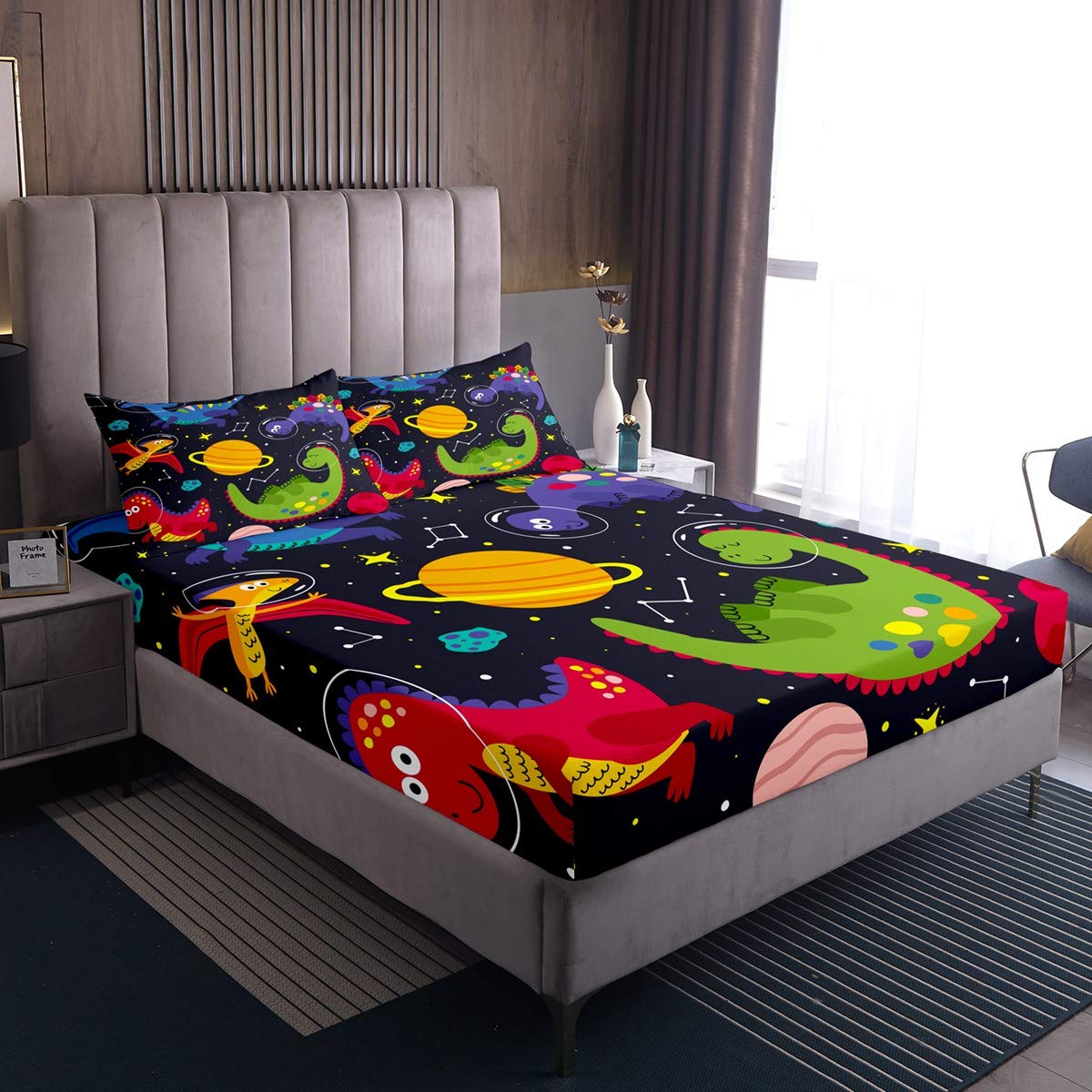 Space Dinosaur Bedding Set - Twin Size Sky Blue Spaceship Design | Soft Microfiber Reversible Comforter Cover | Modern Kids & Teens Bedroom Decor | Perfect for Boys/Girls Room, Dorm, Sleepovers & Gift Giving