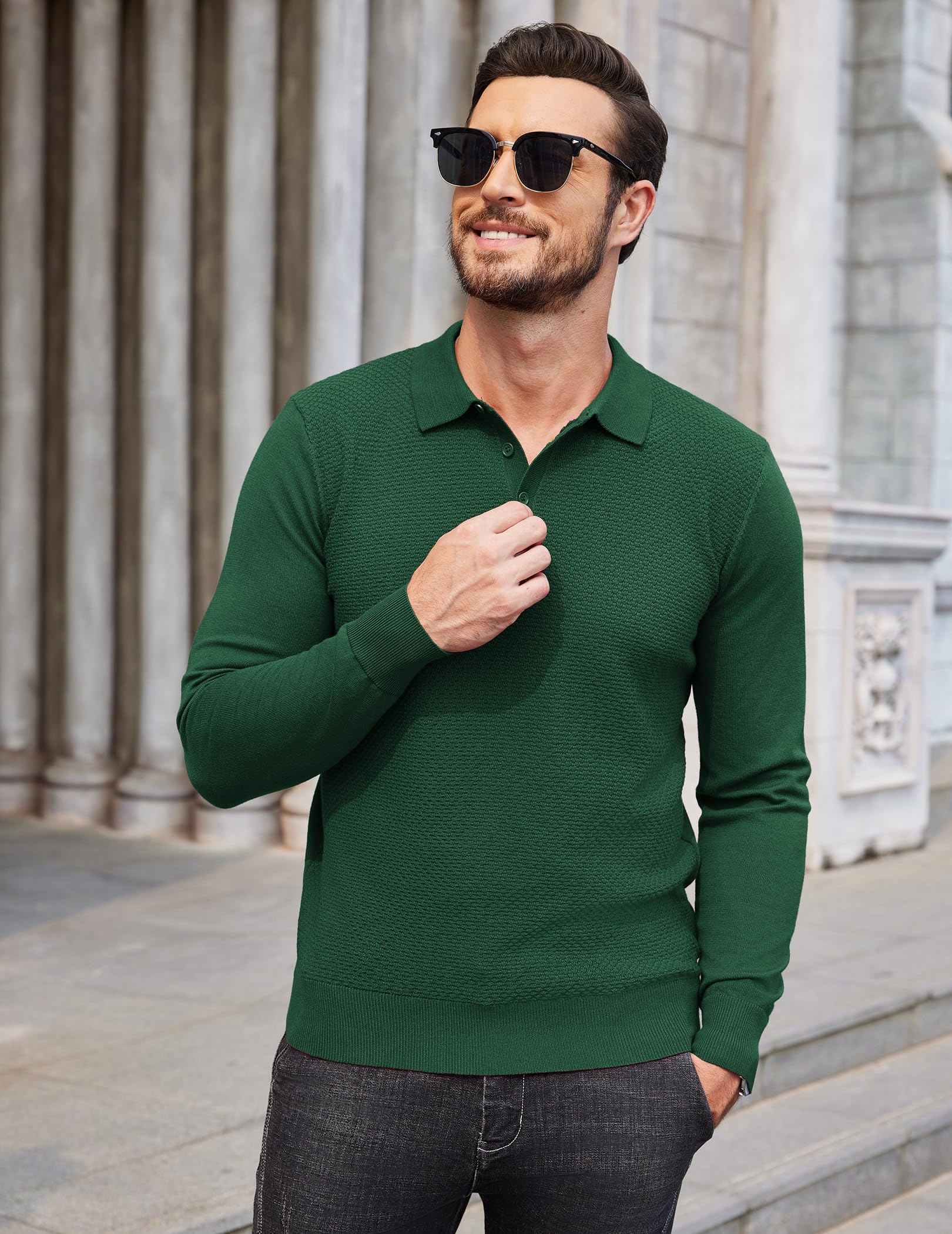COOFANDY Men's Long Sleeve Knit Polo Sweater - Casual Quarter Button Collared Golf Pullover with Waffle Texture | Perfect for Golf, Office & Fall Layering