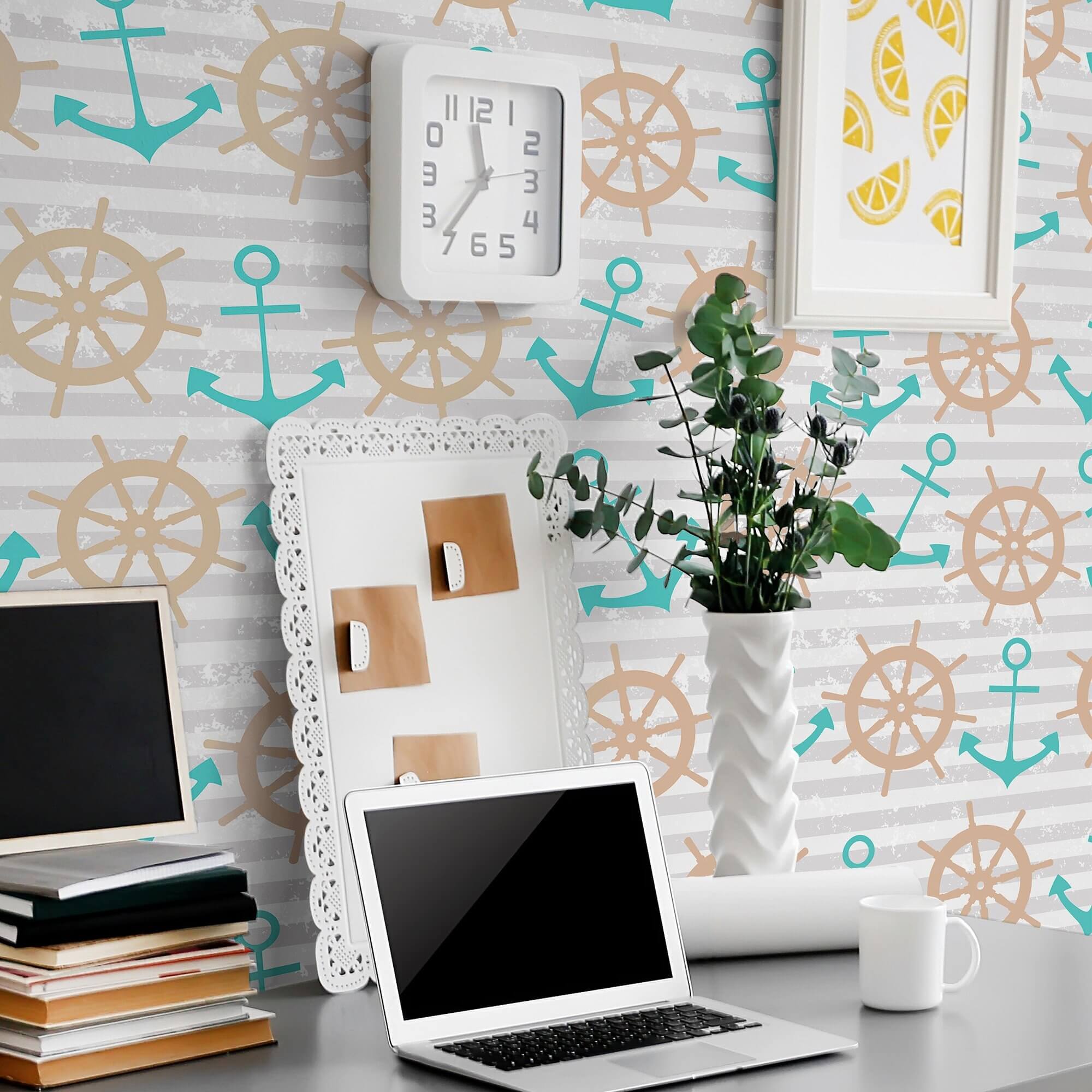 Beige and Grey Striped Nautical Peel and Stick Removable Wallpaper - Self-Adhesive Decorative Wall Covering for Bedroom, Nursery, Office & Home Decor