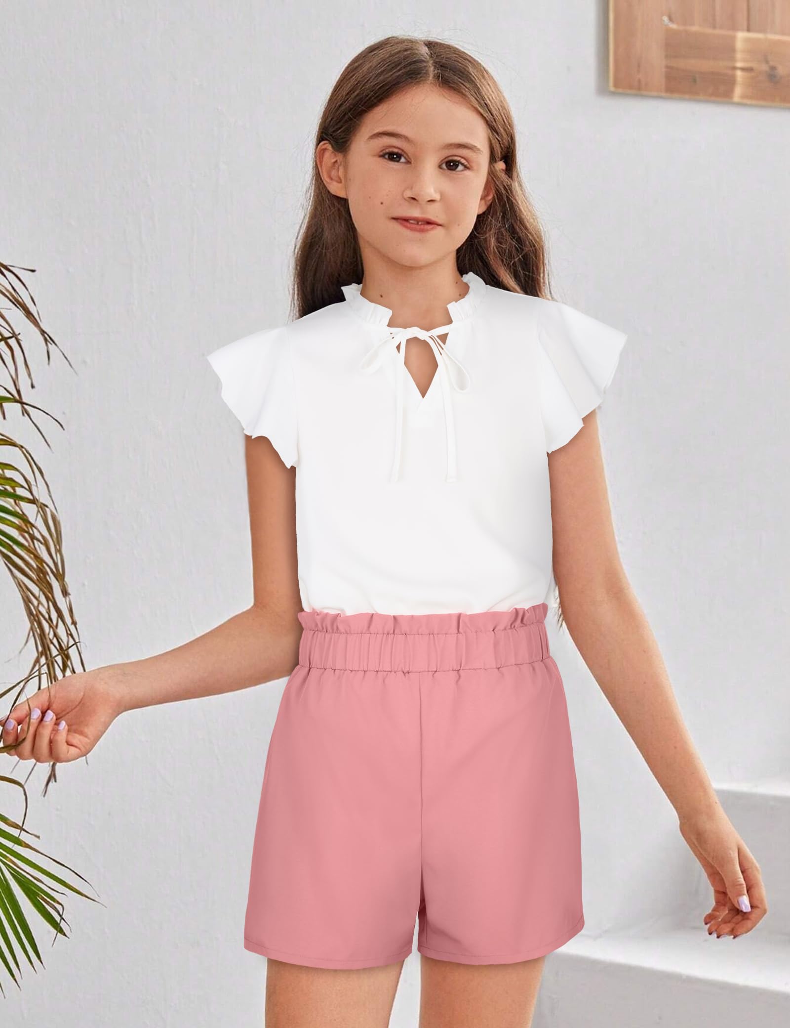 Girls Summer Outfits - V Neck Ruffle Short Sleeve T-Shirt & Casual Shorts Set for Ages 7-14 | Cute Playtime & Beach Vacation Outfits