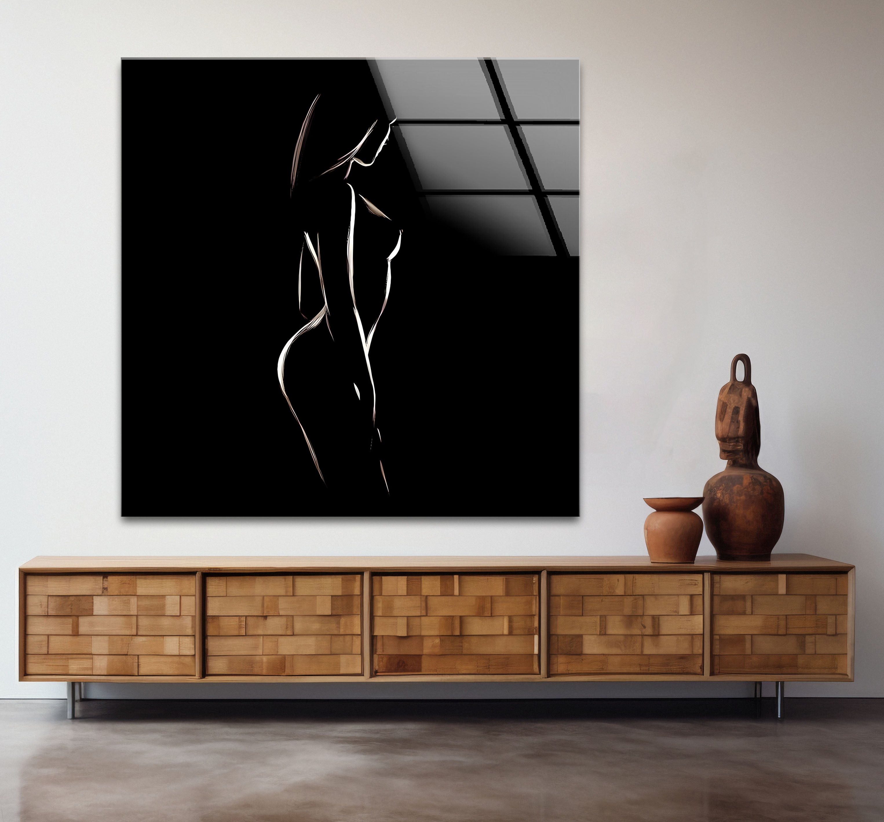Black and White Erotic Woman Glass Wall Art - Modern Home Decor for Living Room, Bedroom & Office - Elegant Glass Painting for Contemporary Interior Design