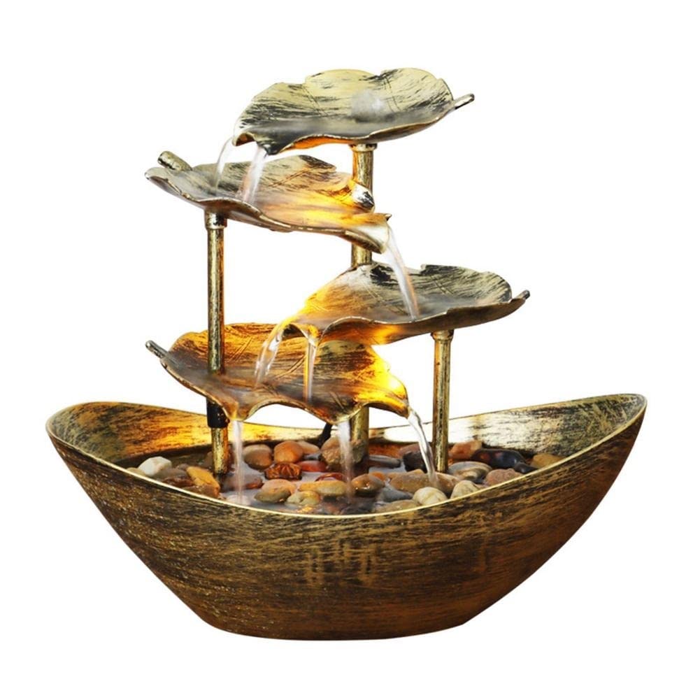 Gold Desktop Water Fountain Lamp - Decorative Tabletop Fountain with LED Lights, Lotus Leaf Design for Home, Office, Porch & Meditation Spaces | Relaxing Indoor Waterfall Decor