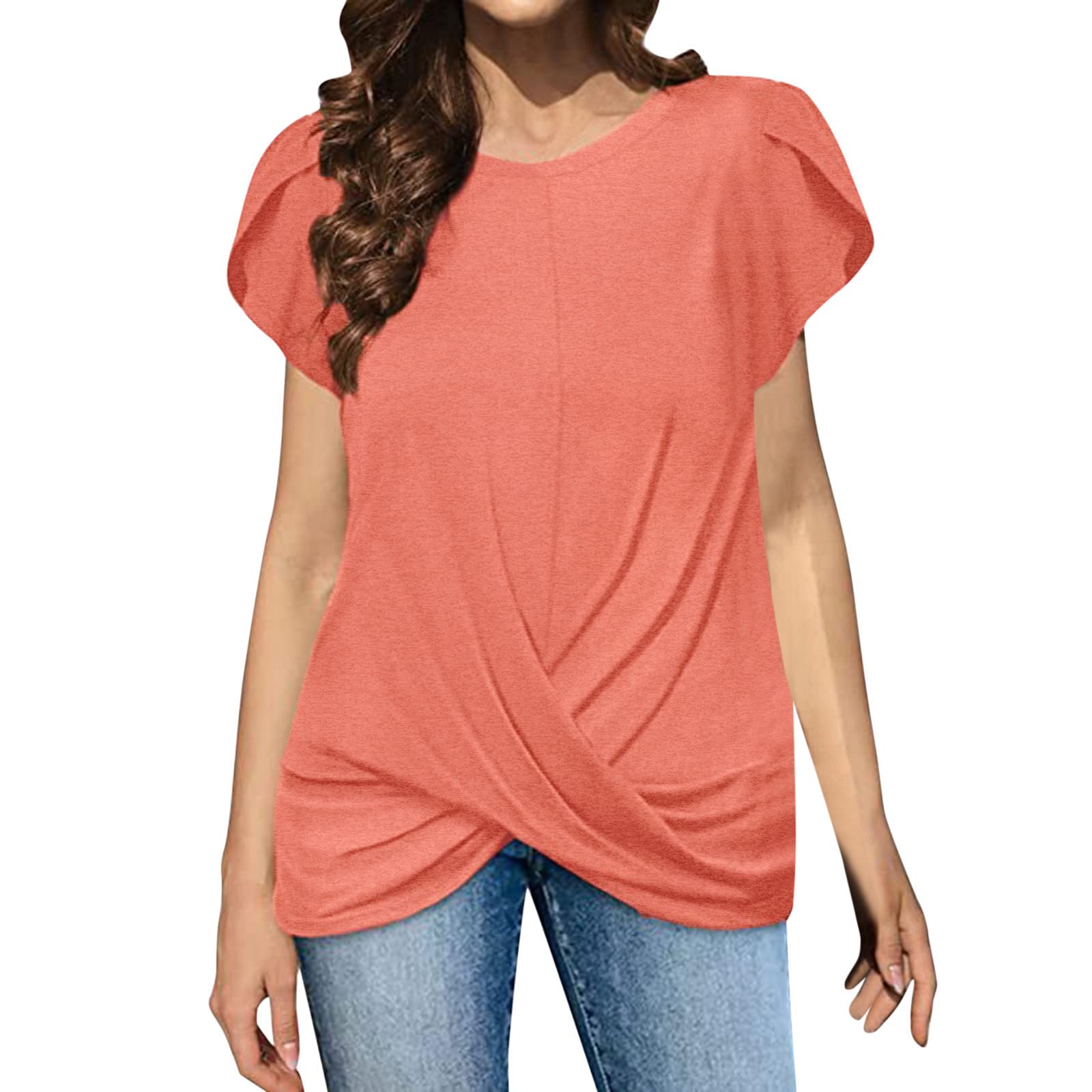 Women's Solid Color Round Neck Petal Sleeve Button Front T-Shirt - Casual Summer Top for Women | Perfect for Beach Outings, Date Nights & Everyday Wear