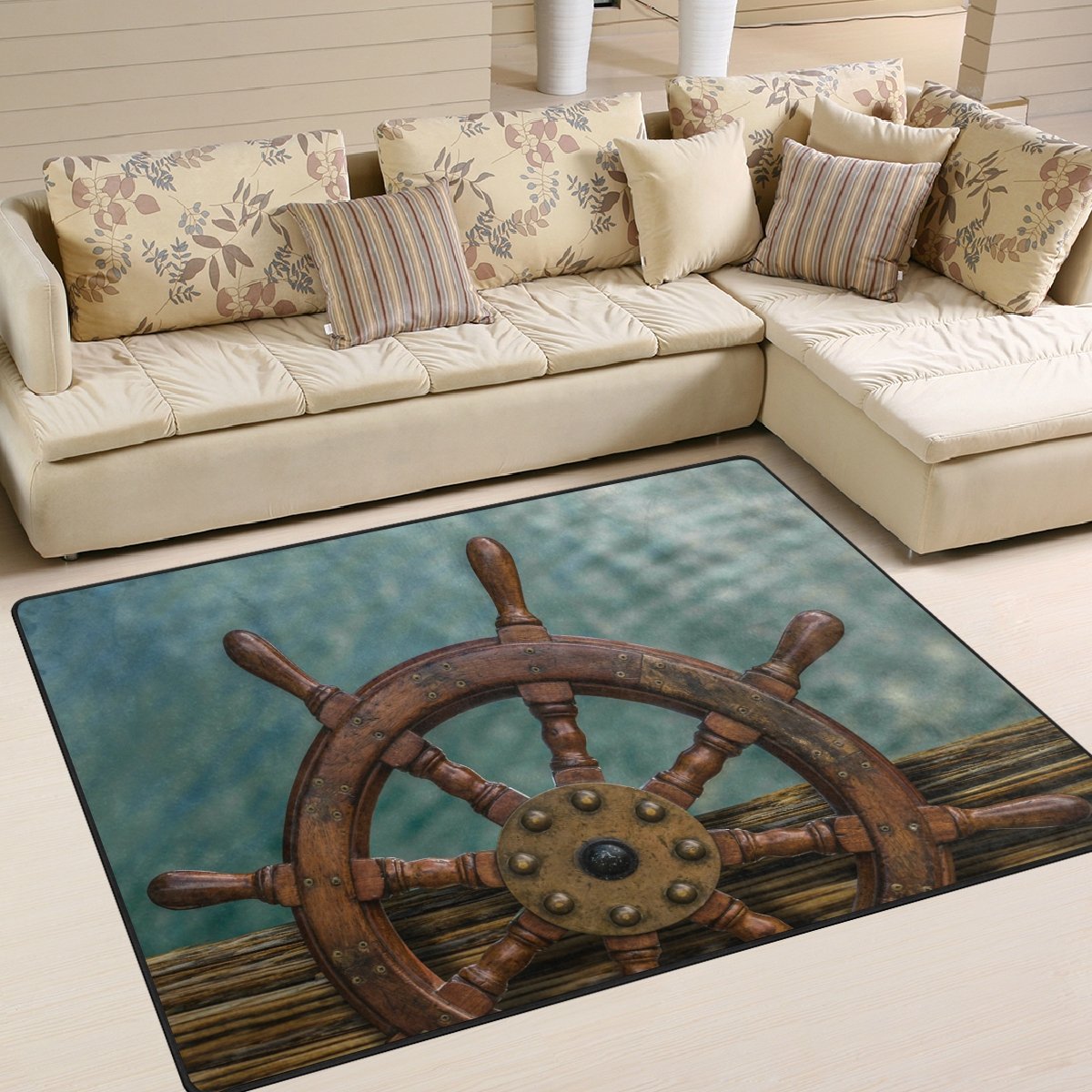 Vintage Ocean Ship Wheel Area Rug - 7' x 5' Nautical Themed Carpet for Living Room, Bedroom, Office - Non-Slip Floor Mat Perfect for Coastal, Beach House & Maritime Decor
