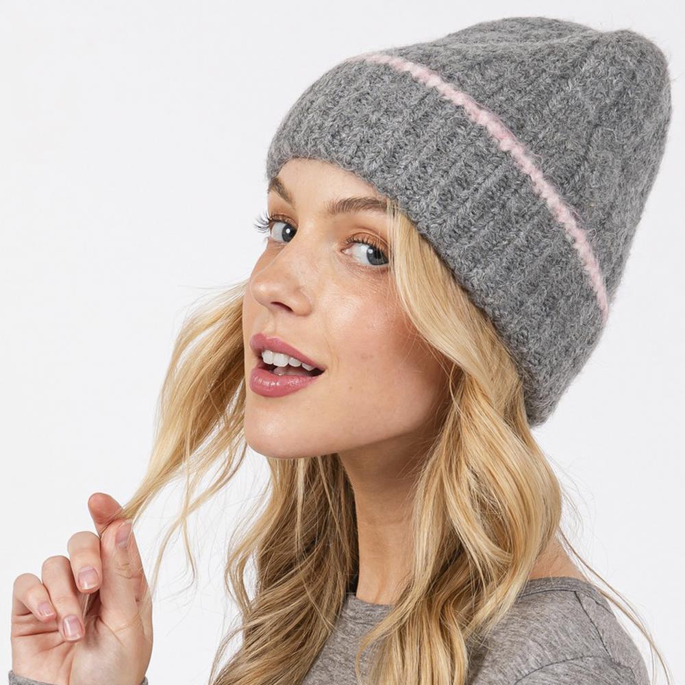 Contrast Trim Cuffed Beanie Hat for Men & Women - Winter Warm Knit Cap for Outdoor Activities, Skiing, Snowboarding