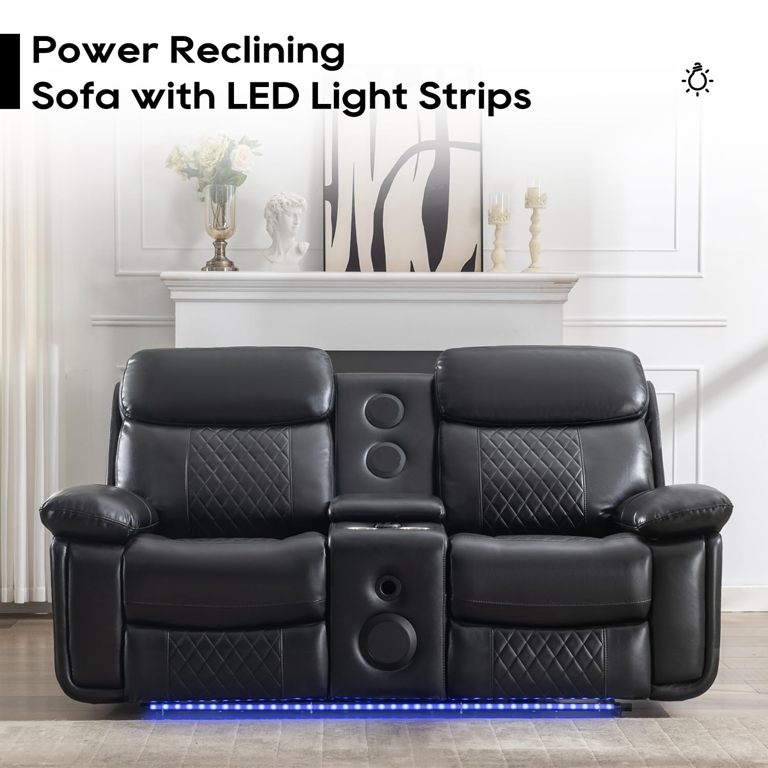 Power Loveseat Recliner with Bluetooth Speakers & LED Lights - Faux Leather Dual Reclining Sofa with Console - Perfect for Movie Nights, Home Theater & RV Living Room Seating