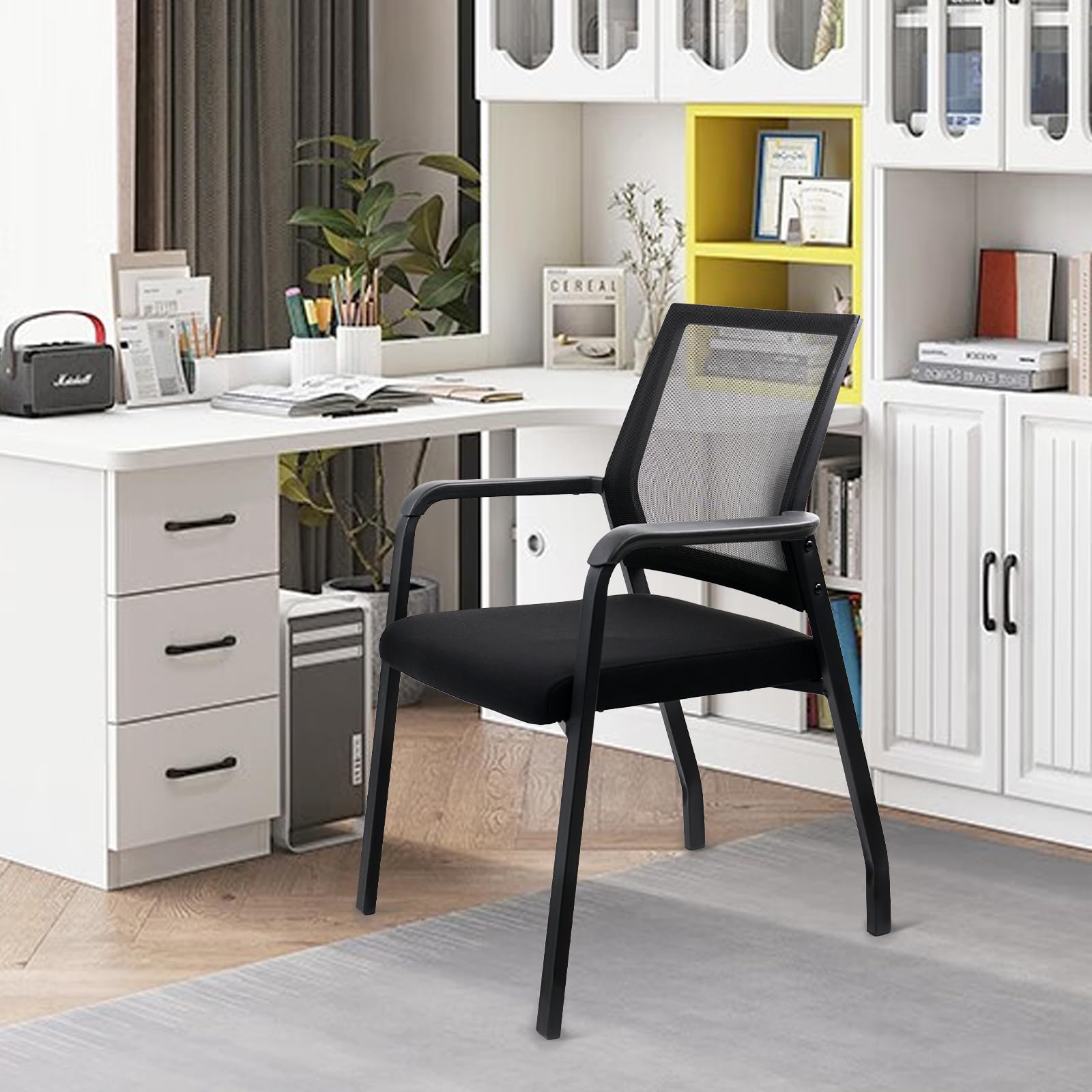 Ergonomic Arm Chair with Lumbar Support - No Wheels Desk Chair with Thickened Seat Cushion - 4 Pack Black Waiting Room Chairs for Office, School, Church & Guest Reception - Perfect for Conference Rooms, Home Offices, and Waiting Areas