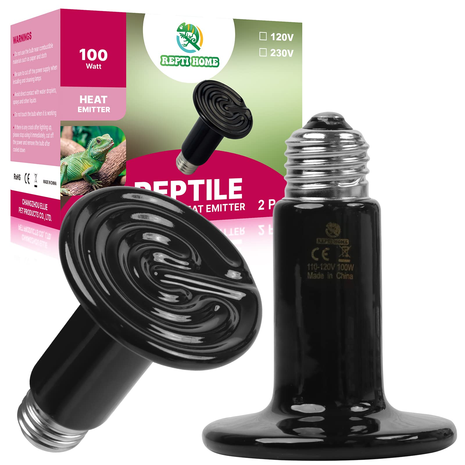100W Ceramic Heat Emitter (2 Pack) - Reptile Heat Lamp Bulbs for Lizards, Snakes & Amphibians | Ceramic Heater for Pet Brooder Coop, Chicken, Dog & Cat | Ideal for Terrariums, Incubators & Pet Heating
