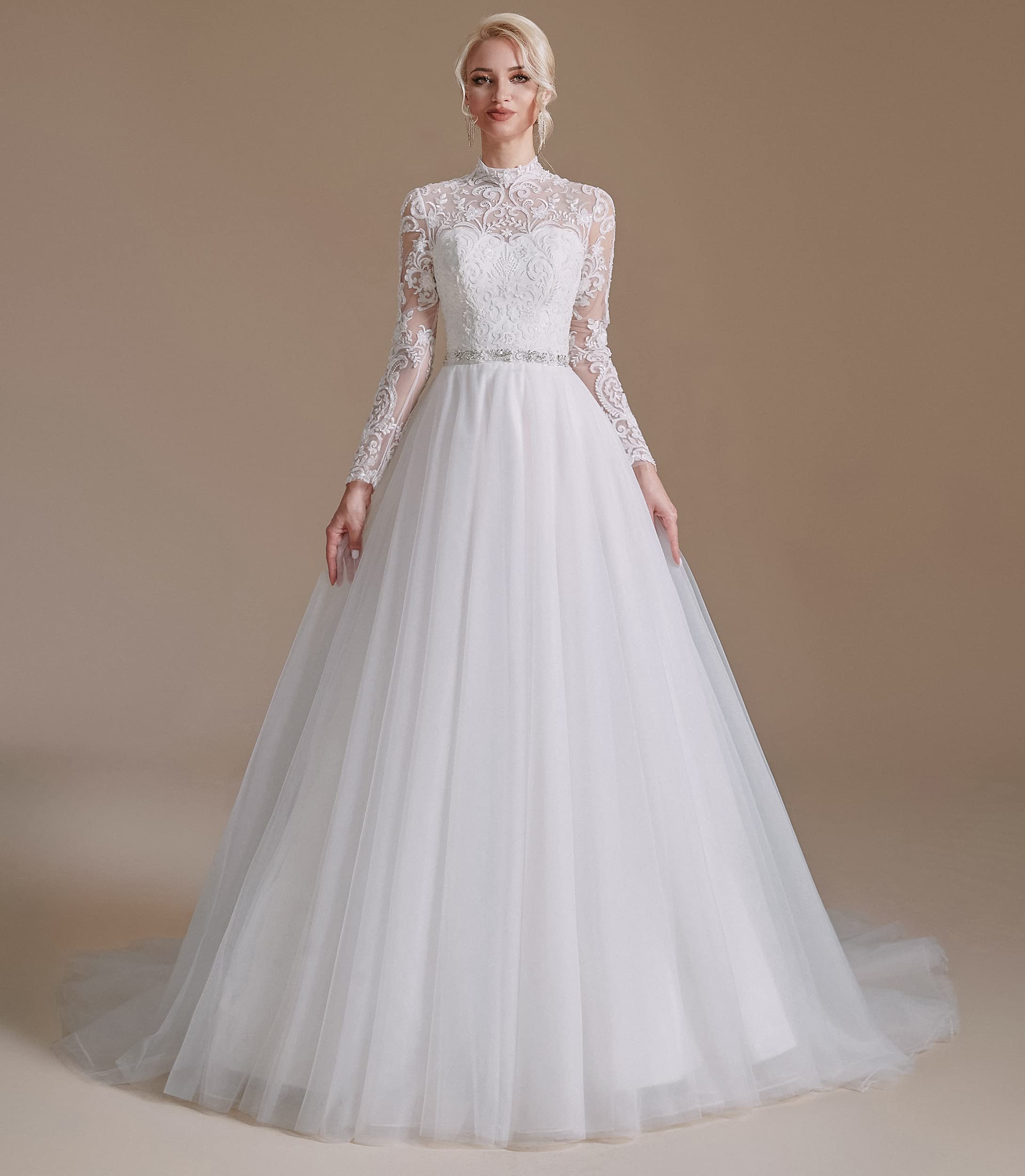 Elegant A-Line Beaded Applique Tulle Wedding Dress for Women - Long Sleeve Bridal Gown for Church, Beach & Garden Ceremonies