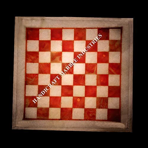 Premium 12-Inch White Marble Chess Board with Carnelian Inlays - Inspired by The Queen's Gambit - Elegant Game Set for Chess Lovers, Perfect as Home Decor, Coffee Table Centerpiece or Gift for Special Occasions