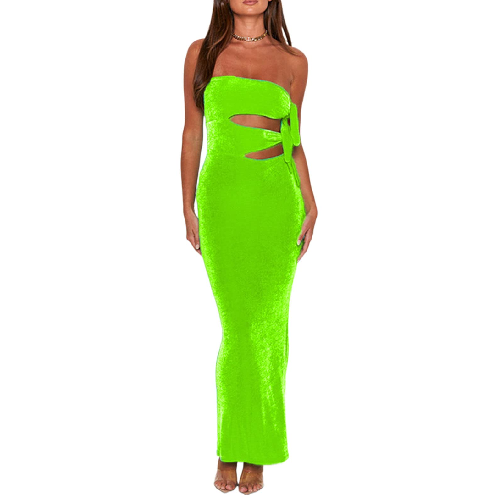 Elegant Off Shoulder Satin Maxi Dress for Women - Strapless Backless Hollow Out Formal Gown with High Slit | Perfect for Wedding Guest, Evening Party, Prom Night & Special Occasions