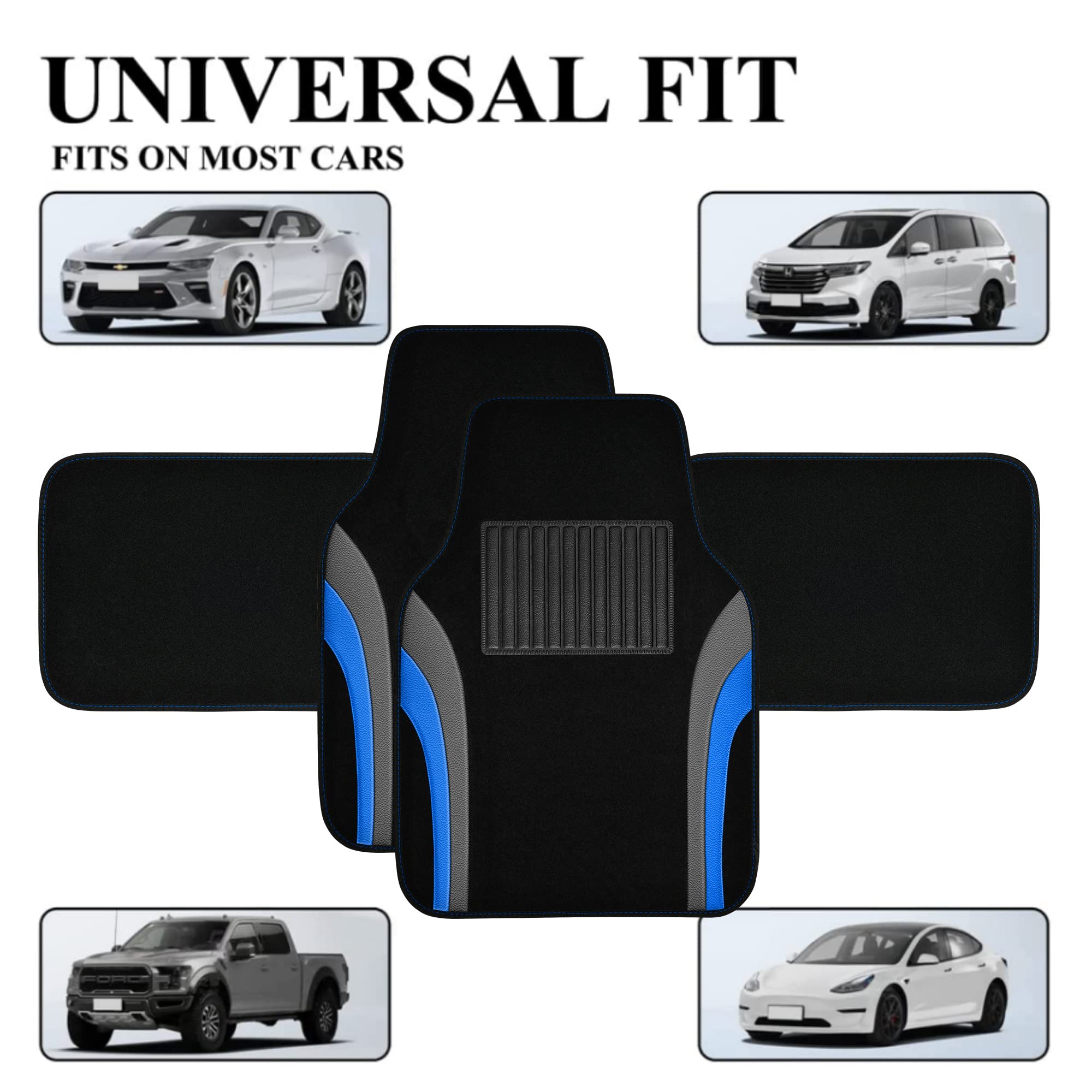 Premium Leather Sporty Car Floor Mats - Universal Waterproof Automotive Floor Liners for Sedans, SUVs, Trucks & Vans - 4-Piece Set (Black/Blue) - Durable Protection for All-Weather Driving & Easy Cleaning