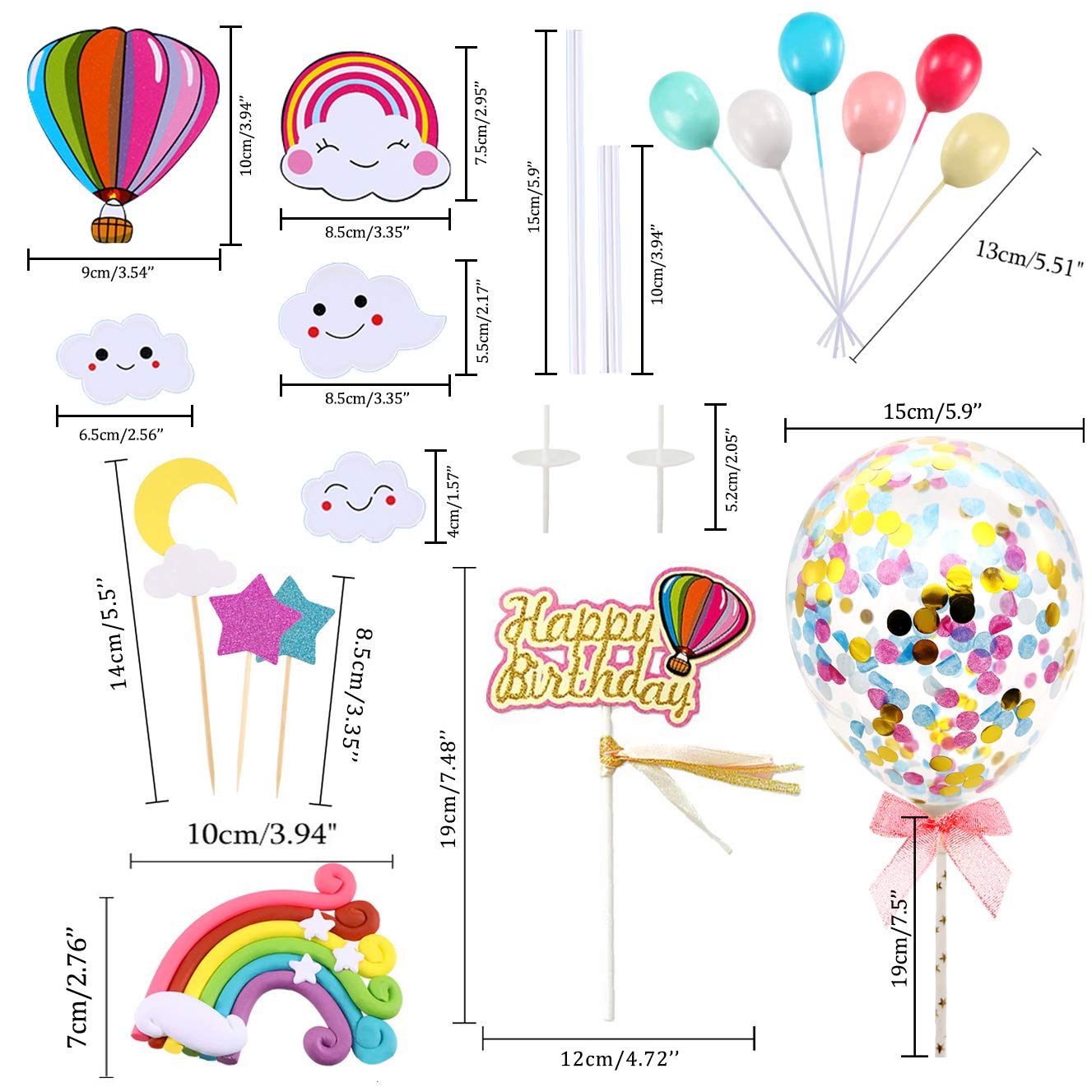 MOVINPE Happy Birthday Cake Topper - Rainbow Cloud & Confetti Balloons Decorations for Boys Girls Kids Birthday Parties | Perfect for Birthday Cakes, Cupcakes, Dessert Tables & Party Decorations