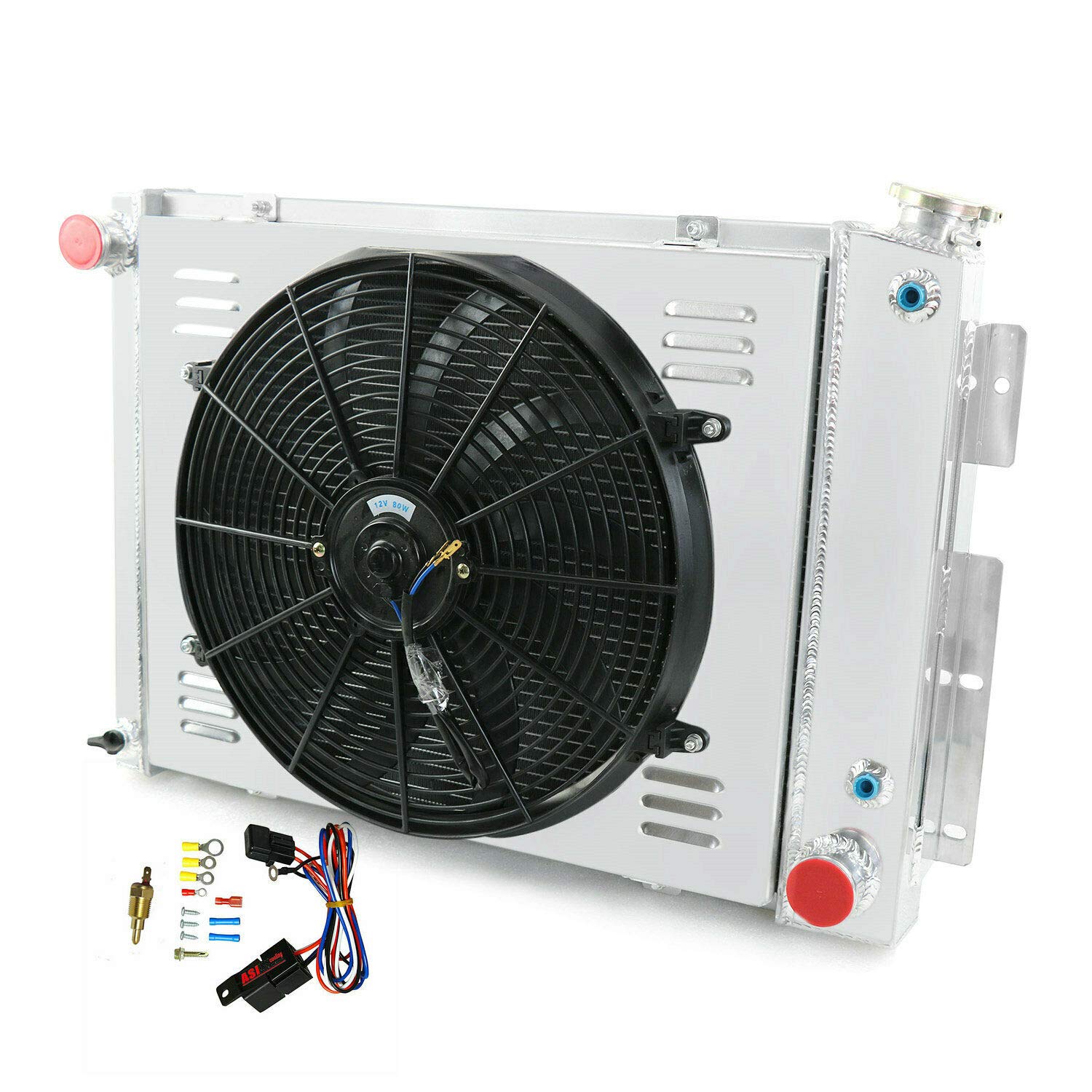 ALLOYWORKS 3 Row All Aluminum Radiator with Shroud Fan & Thermostat for 1967-1969 Chevy Camaro/Pontiac Firebird | High Performance Cooling System Upgrade for Classic Muscle Cars