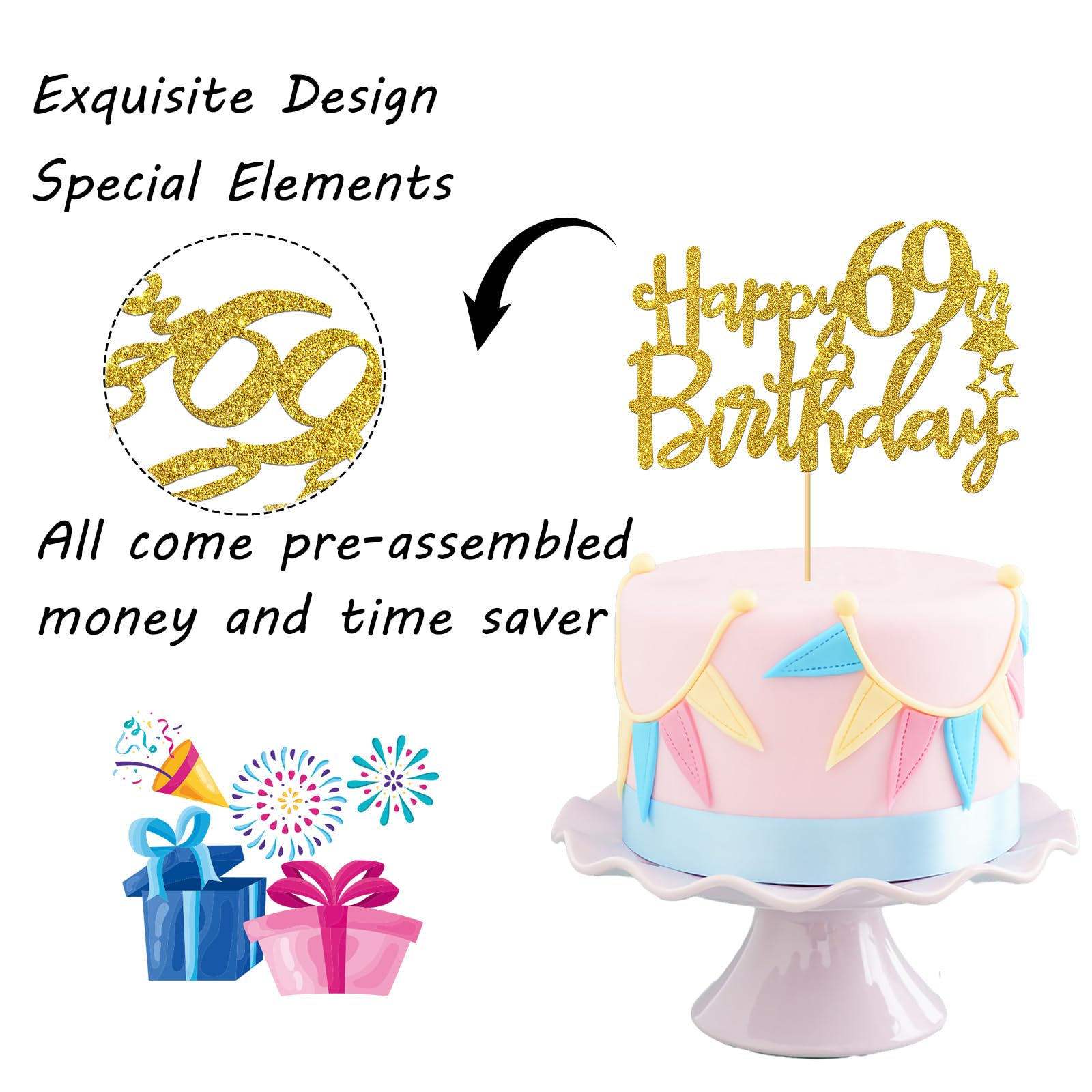 69th Birthday Cake Topper - Gold Glitter Happy 69 Sign for Cake Decorating - 69th Birthday Party Supplies & Decorations - Perfect for Milestone Celebrations, Retirement Parties, and Anniversary Cakes