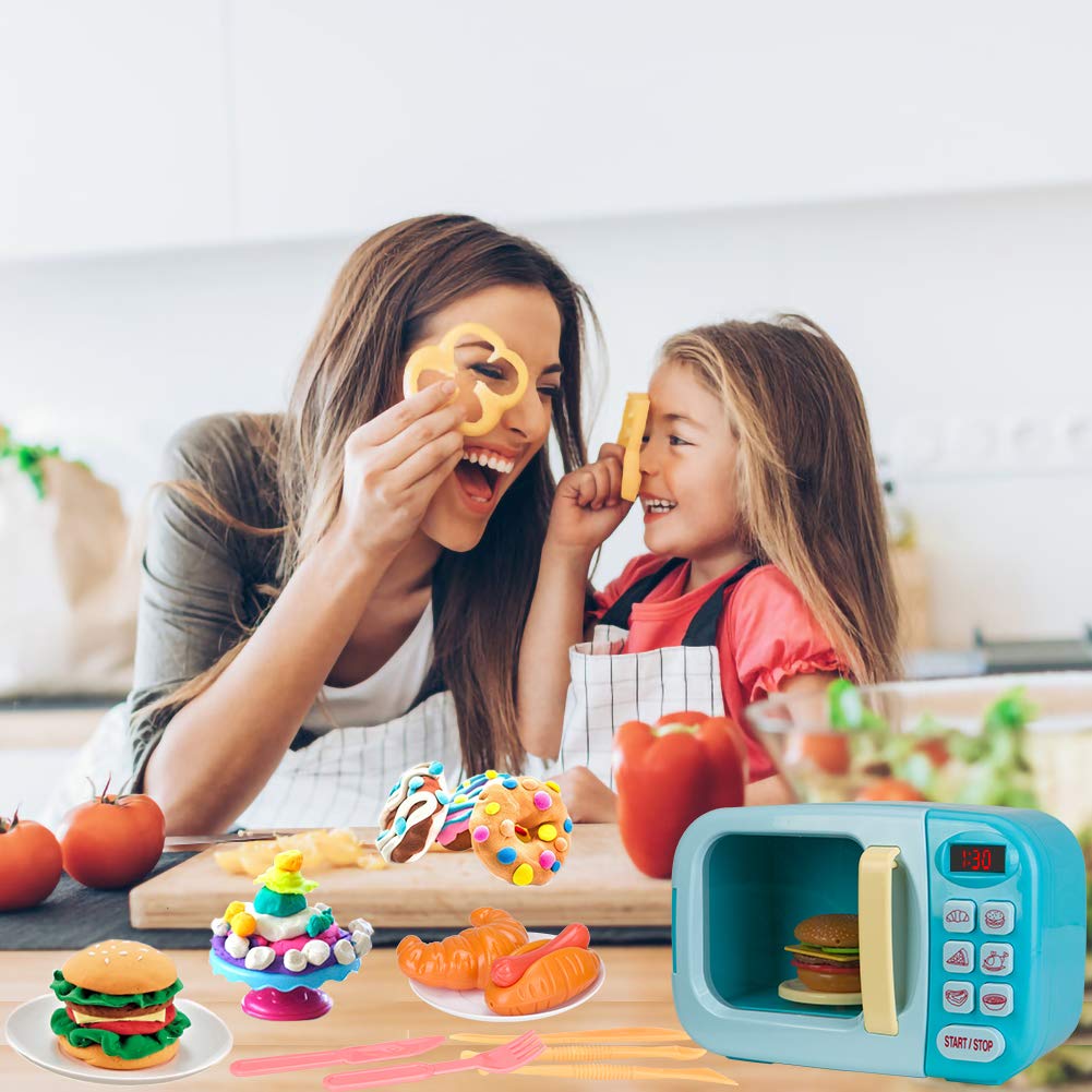 Best Kids Microwave Toy Kitchen Playset with Light & Sound - Pretend Play Electronic Oven with Play Food & 6 Color DIY Play-Doh for Toddlers Ages 3+ (Blue) | Fun Learning Toy for Preschoolers & Role Play Games