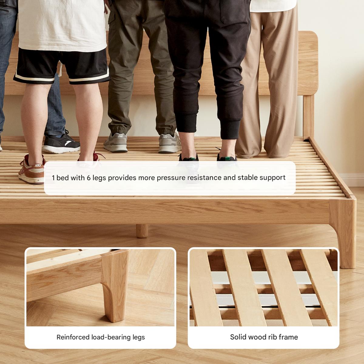 Solid Oak Rubber Wood Bed - Modern Nordic Style Queen/King Size Bed Frame for Bedroom, Living Room & Guest Room