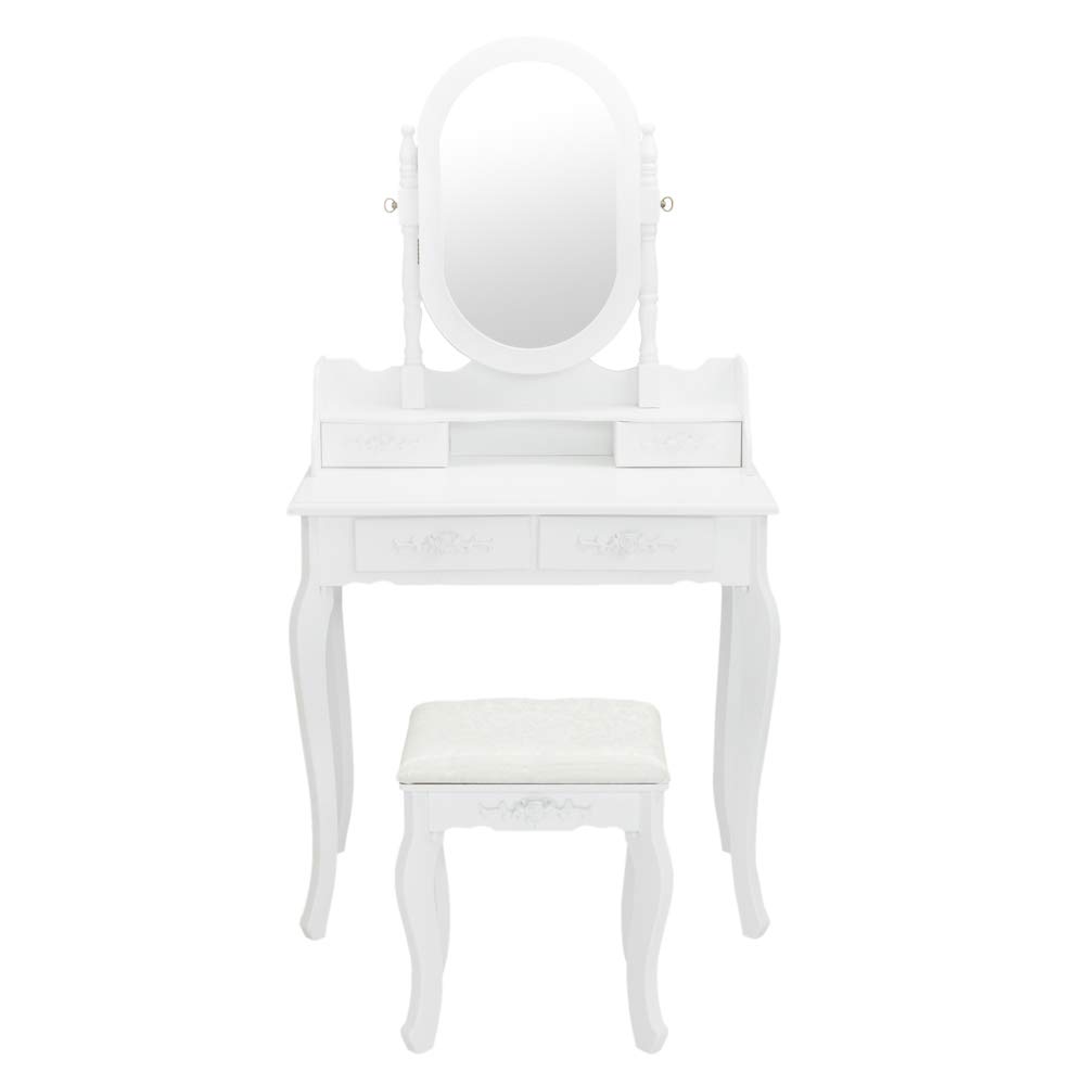 Vanity Table Set with Oval Mirror & Stool - Wooden Dressing Table with 4 Drawers & Jewelry Storage for Bedroom | Perfect for Makeup, Dressing & Organizing Jewelry