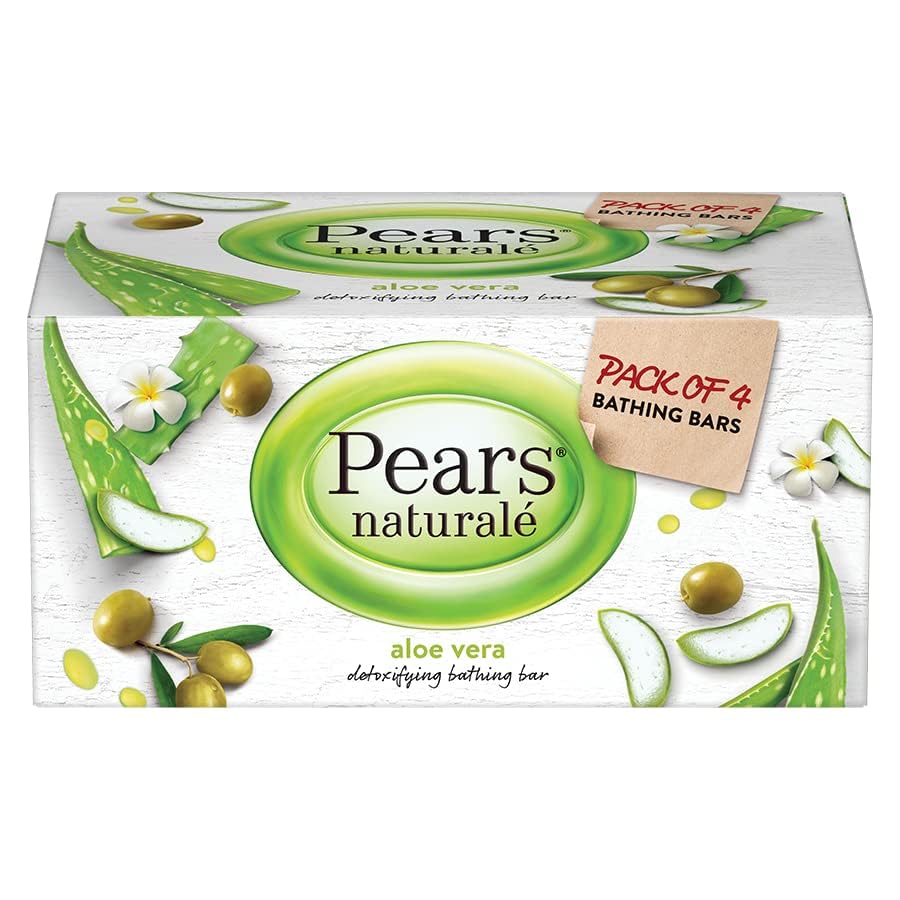 Pears Naturalé Aloe Vera Detoxifying Soap Bar - 125g (4 Pack) - Gentle Cleansing for Sensitive Skin, Acne & Body Care - Perfect for Daily Use, Travel & Gym