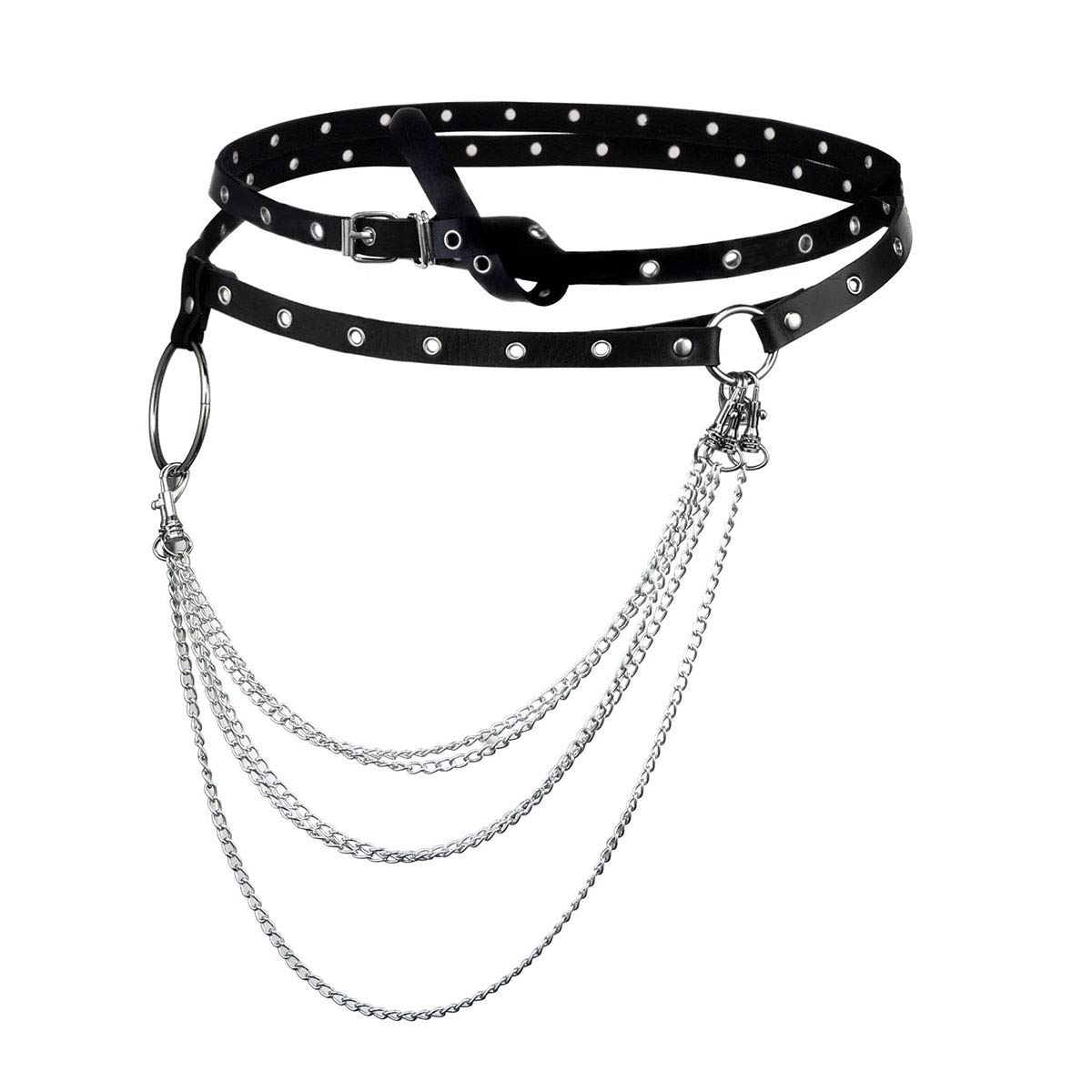 Eigso Punk Belts with O-Rings & Chains - Gothic Rock Steampunk Style Adjustable Garter Straps for Women & Men (PU Leather) - Perfect for Cosplay, Halloween, and Alternative Fashion