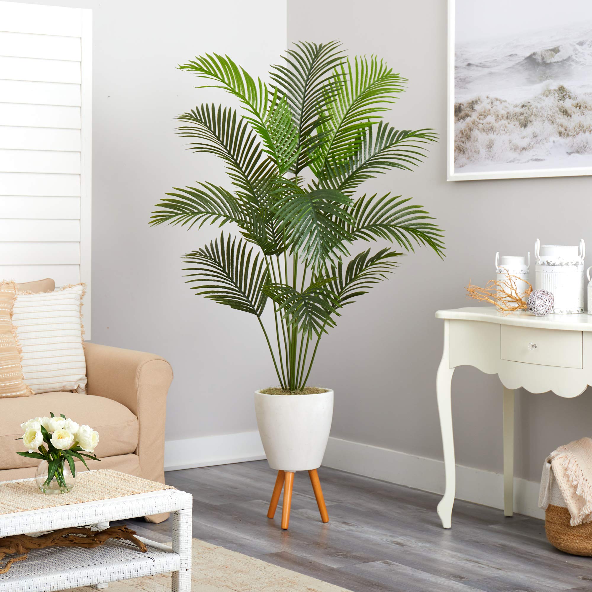 Nearly Natural 6.5ft Artificial Golden Cane Palm Tree with White Planter & Stand - Perfect for Indoor Home Decor, Office Plants, and Tropical Themed Parties