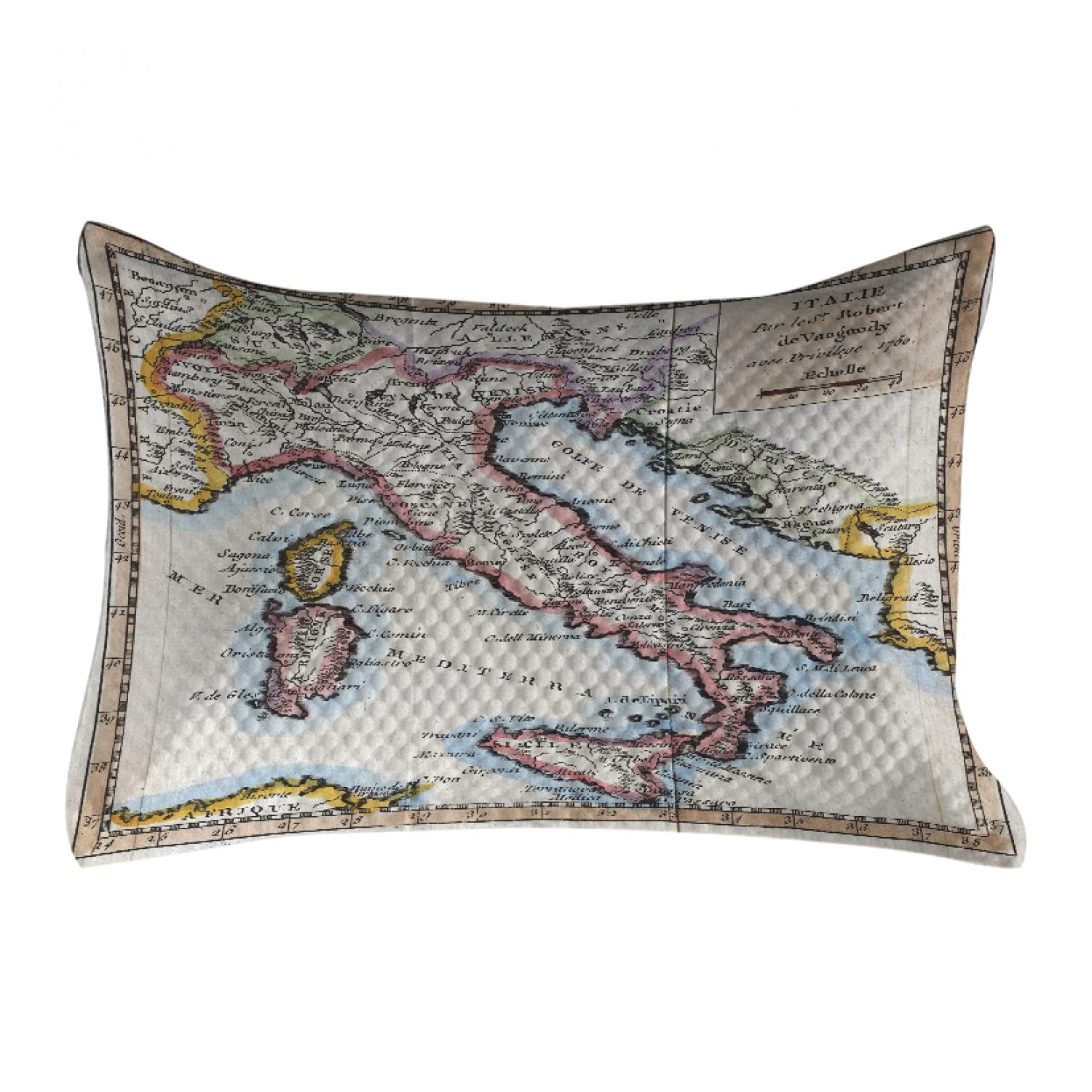 Ambesonne Vintage Italy Map Print Quilted Pillow Cover - Retro Travel Design, Standard King Size 36