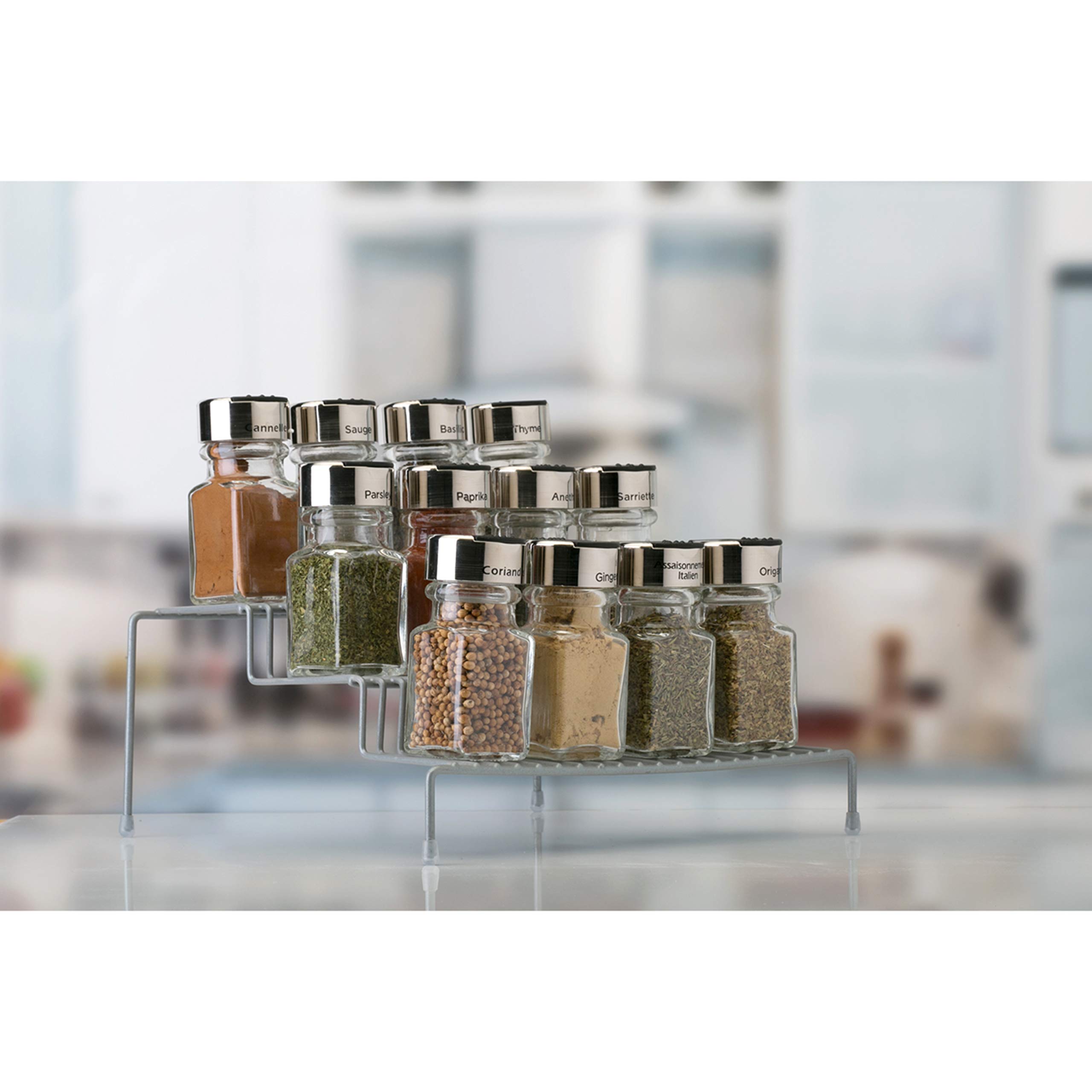 3-Tier Free Standing Spice Rack Organizer - Countertop & Cabinet Storage Shelf for Kitchen, Pantry - Space Saving Grey Spice Organizer | Perfect for Small Kitchens & Countertop Organization