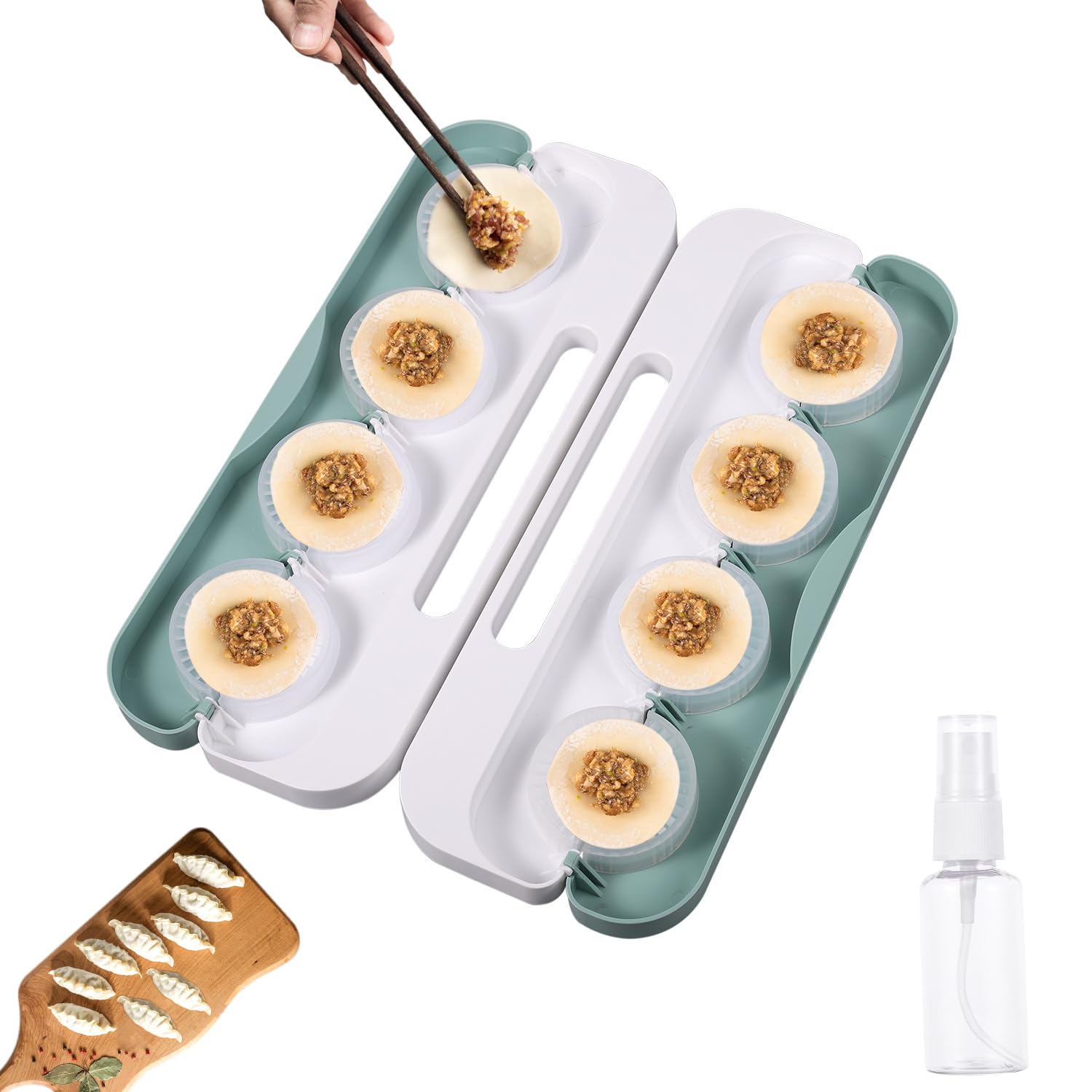8 in 1 Manual Dumpling Maker Press Machine - Rapid Prototyping Dumpling Mold with Spray Bottle for Pierogi, Wonton, Potsticker & Pie Making - Perfect for Home Cooking, Party Snacks & Asian Cuisine (Green)