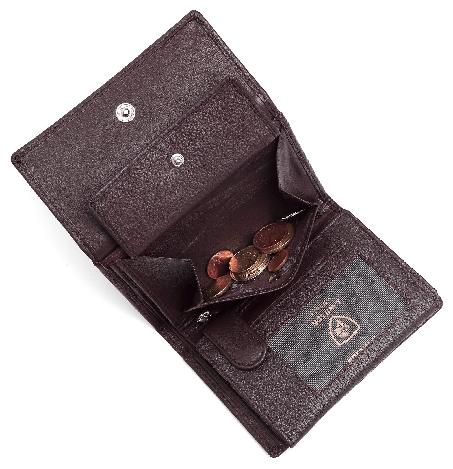 J. Wilson London Women's RFID Blocking Leather Wallet with Zip Pocket - Stylish Designer Purse for Credit Cards & Cash - Perfect for Travel, Shopping & Everyday Use (Brown)