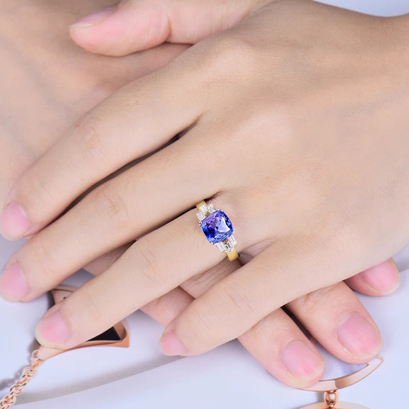 14K Yellow Gold Tanzanite & Diamond Cushion Ring – 8x8mm Women's Engagement Ring, Wedding Band, Anniversary Gift for Her – Perfect for Proposals, Bridal Jewelry & Special Occasions
