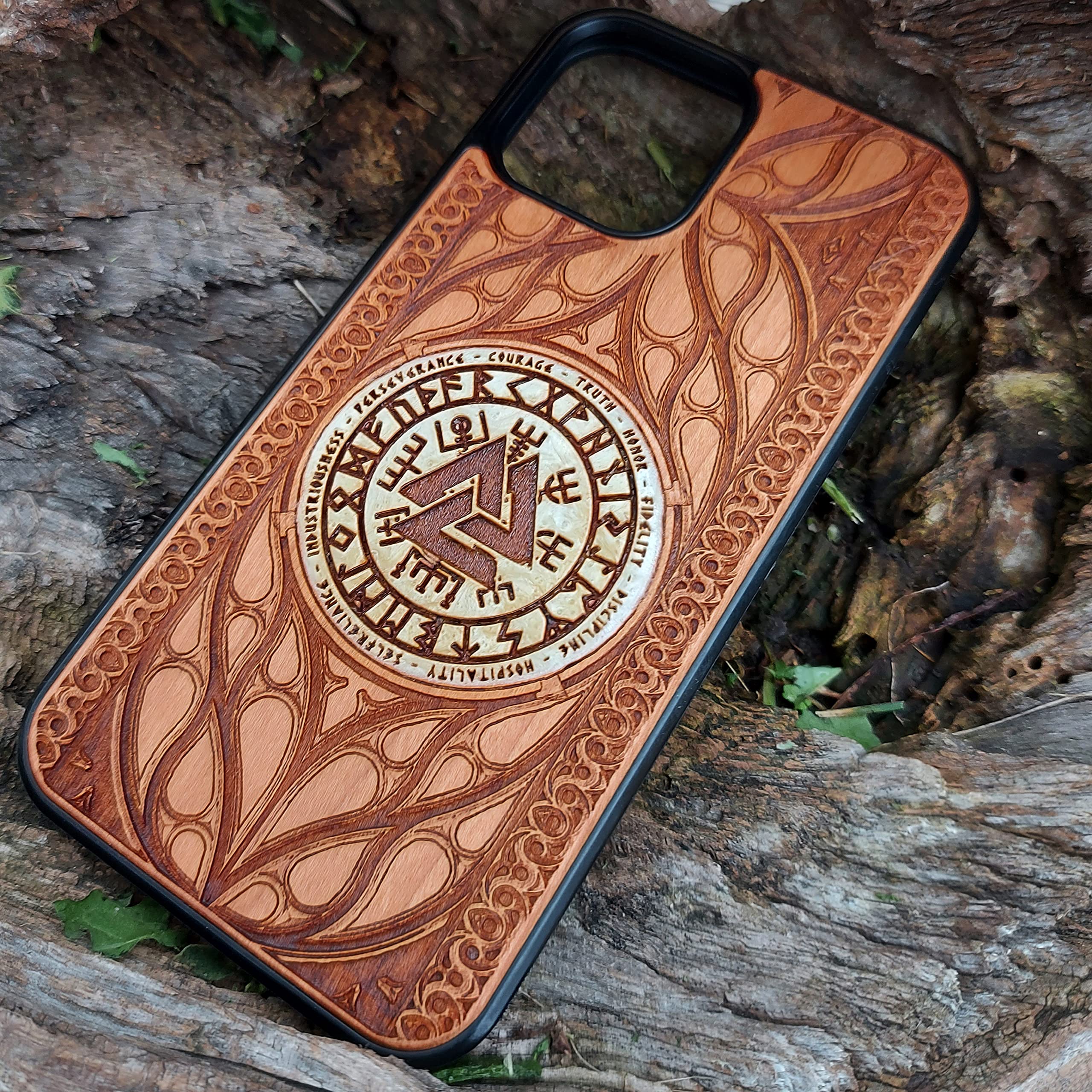 Viking Helm of Awe Vegvisir Runes Laser Engraved Wooden Phone Case for iPhone 16/15/14/13/12/11 Pro Max/Mini & Galaxy S25/S24/S23/S22/S21/S20 Ultra Plus - Hand-Painted, Eco-Friendly, Slim & Durable Wood Cover - Perfect for Viking Enthusiasts, Fantasy Lovers & Unique Gift Ideas