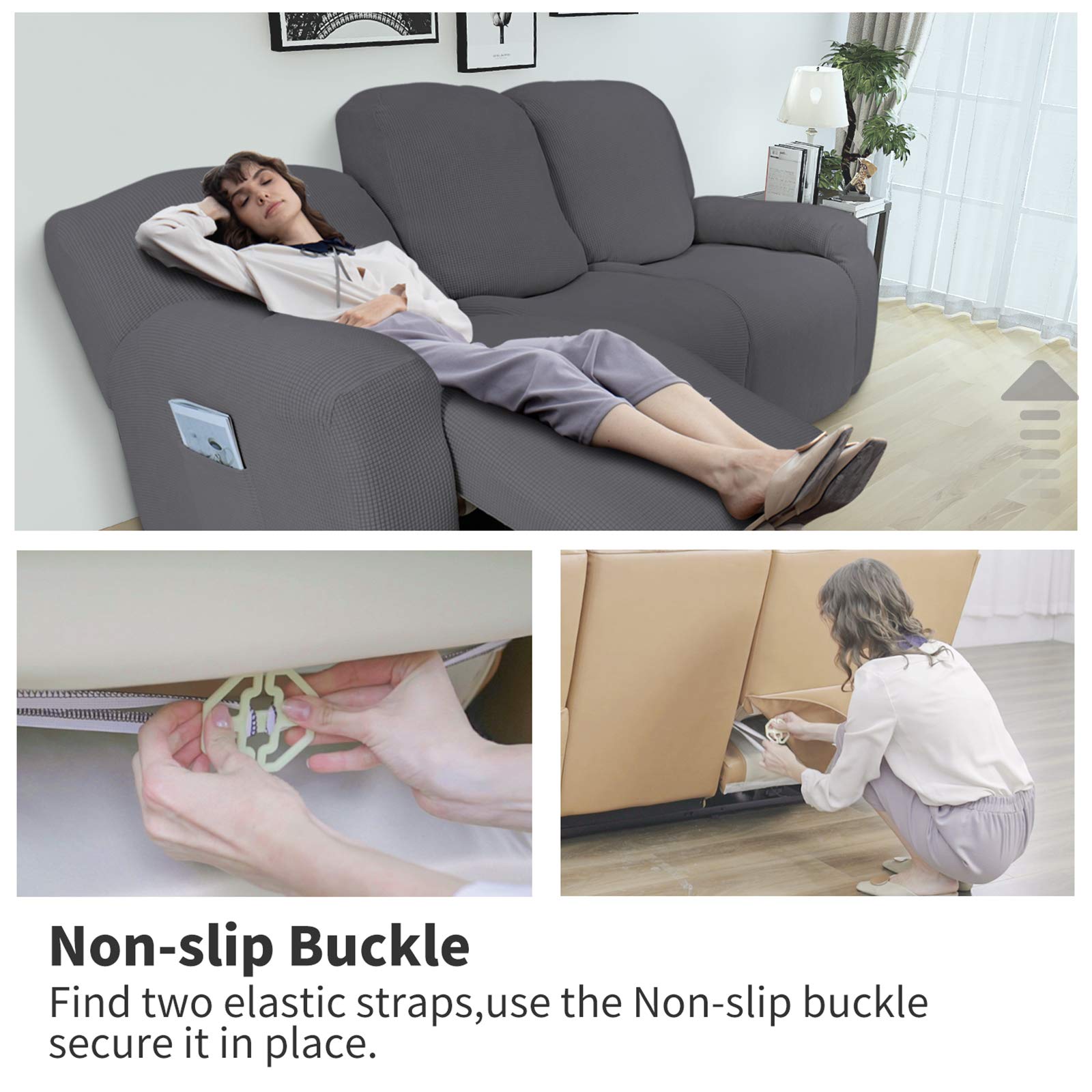 8-Piece Stretch Recliner Sofa Slipcover Set - Spandex Jacquard Fabric with Elastic Bottom, Gray Small Checks - Furniture Protector for Couch, Kids & Pets - Perfect for Living Room, Family Room & Home Theater