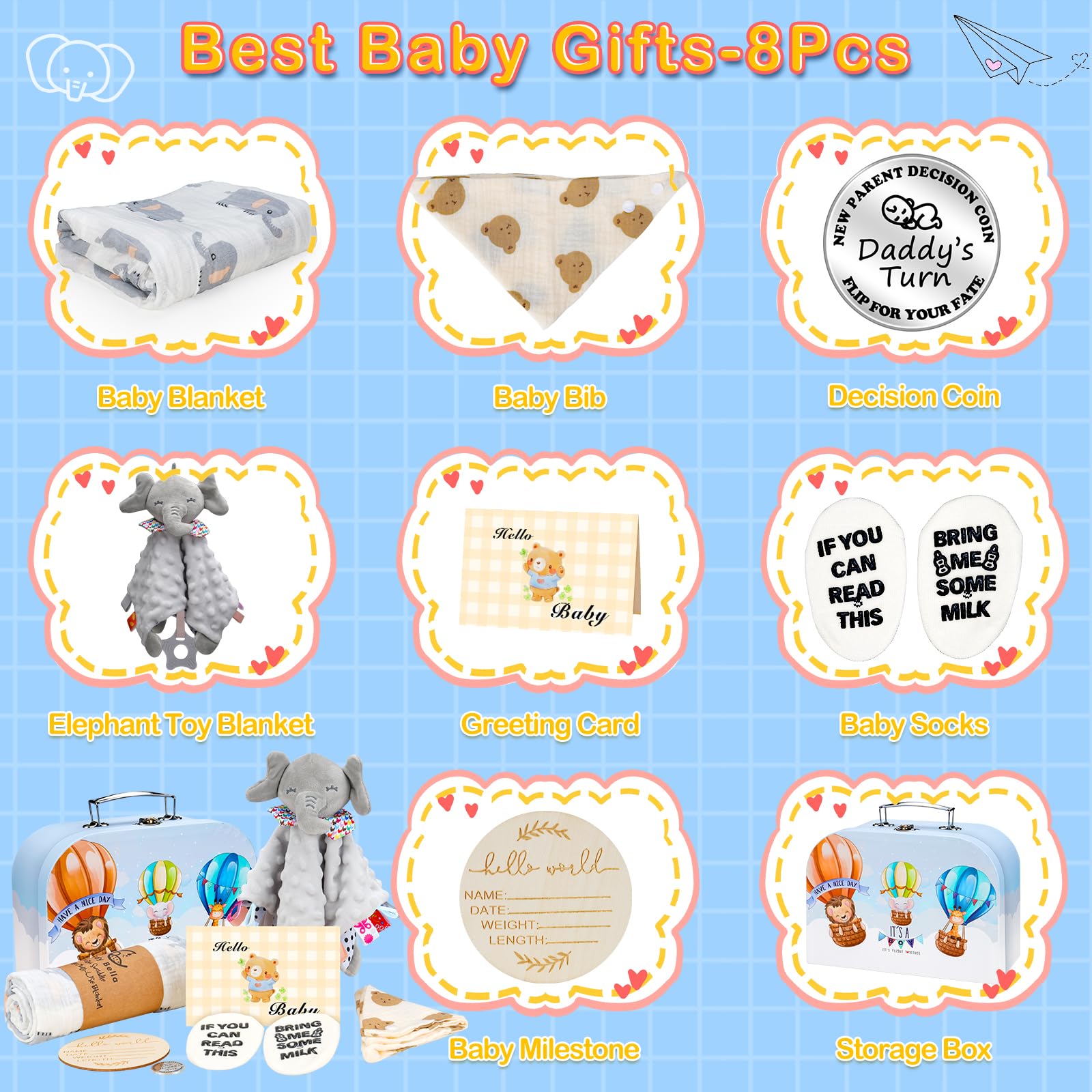 8Pcs Newborn Baby Boy Gift Basket Set - Essential Baby Shower & Welcome Gifts for Newborns | Cute & Practical Baby Boy Gift Baskets for Gender Reveal, First Birthday & Special Occasions