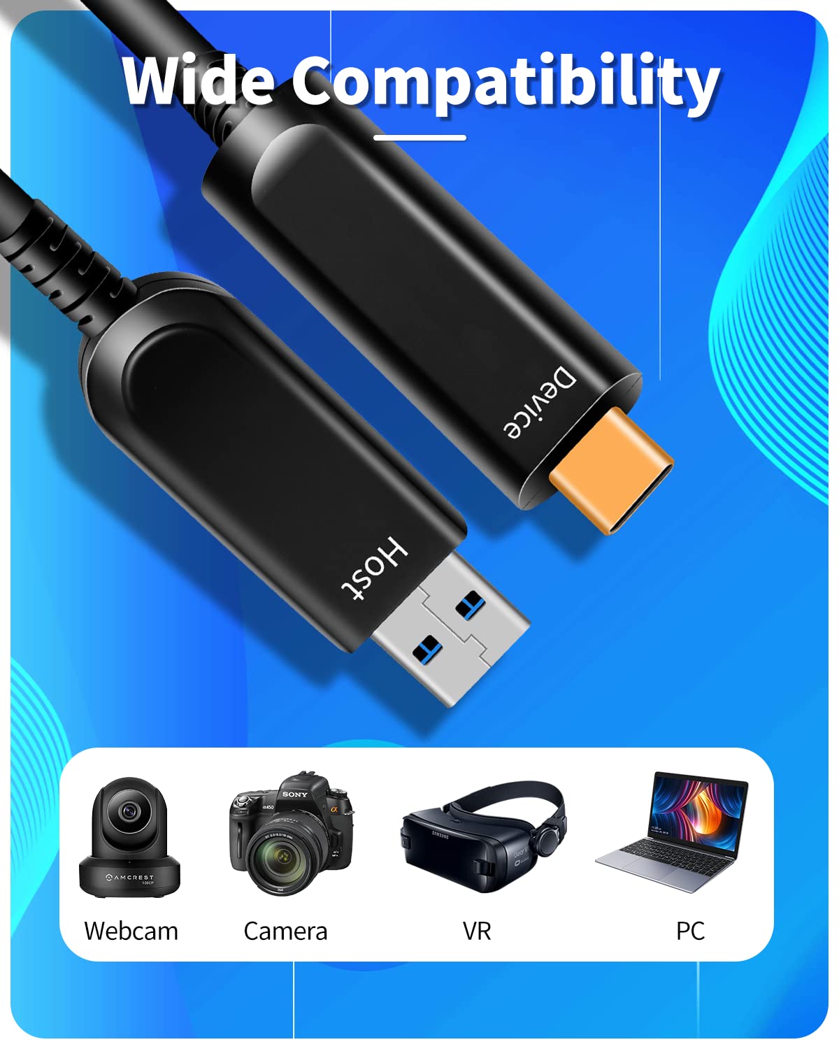 High-Speed 33ft USB A to USB C Cable 10Gbps USB 3.2 Gen 2 - Fiber Optic Charging & Data Sync for Webcam, Camera, VR Headset, Projector - Perfect for Home Office, Gaming & Entertainment Setup