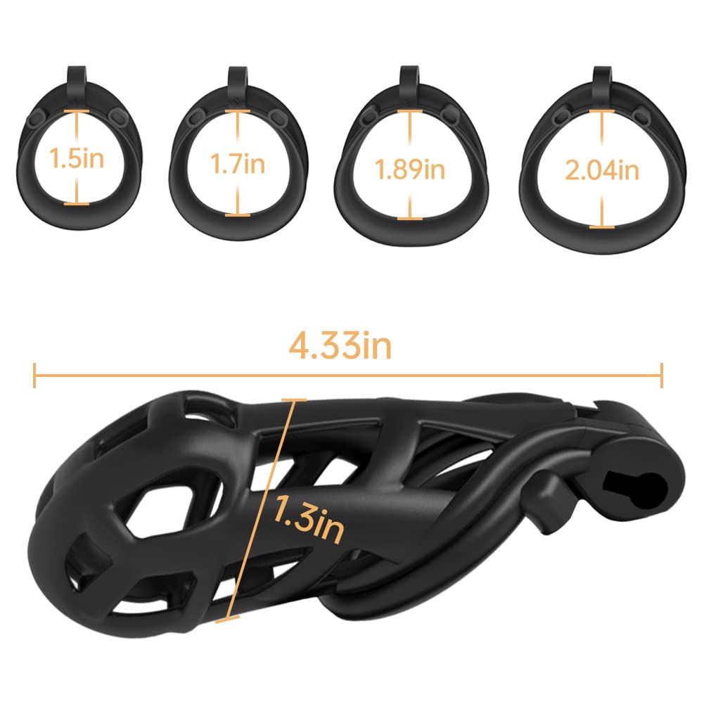 Male Chastity Device Cock Cage with 4 Adjustable Rings - Resin Chastity Lock for Penis Exercise & Tease Play - Perfect for BDSM, Couples Play & Male Enhancement (Black)