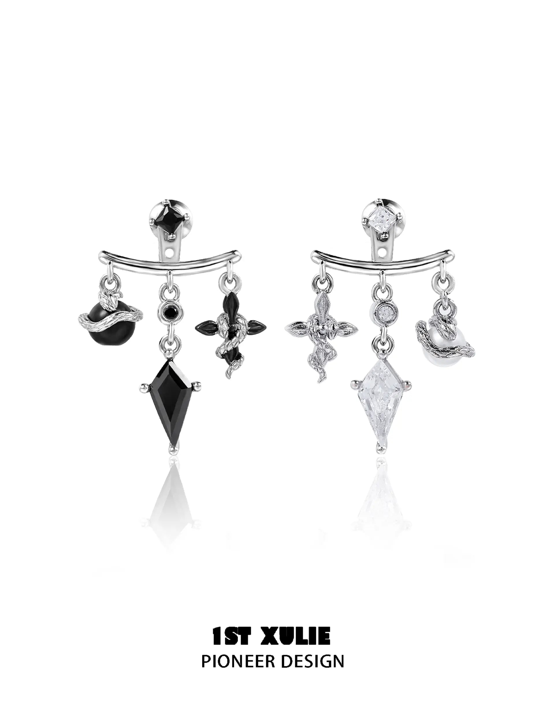 18k Platinum Plated Snake Bite White & Black Serpent Stud Earrings for Women - Gothic Punk Jewelry for Parties, Concerts and Night Out