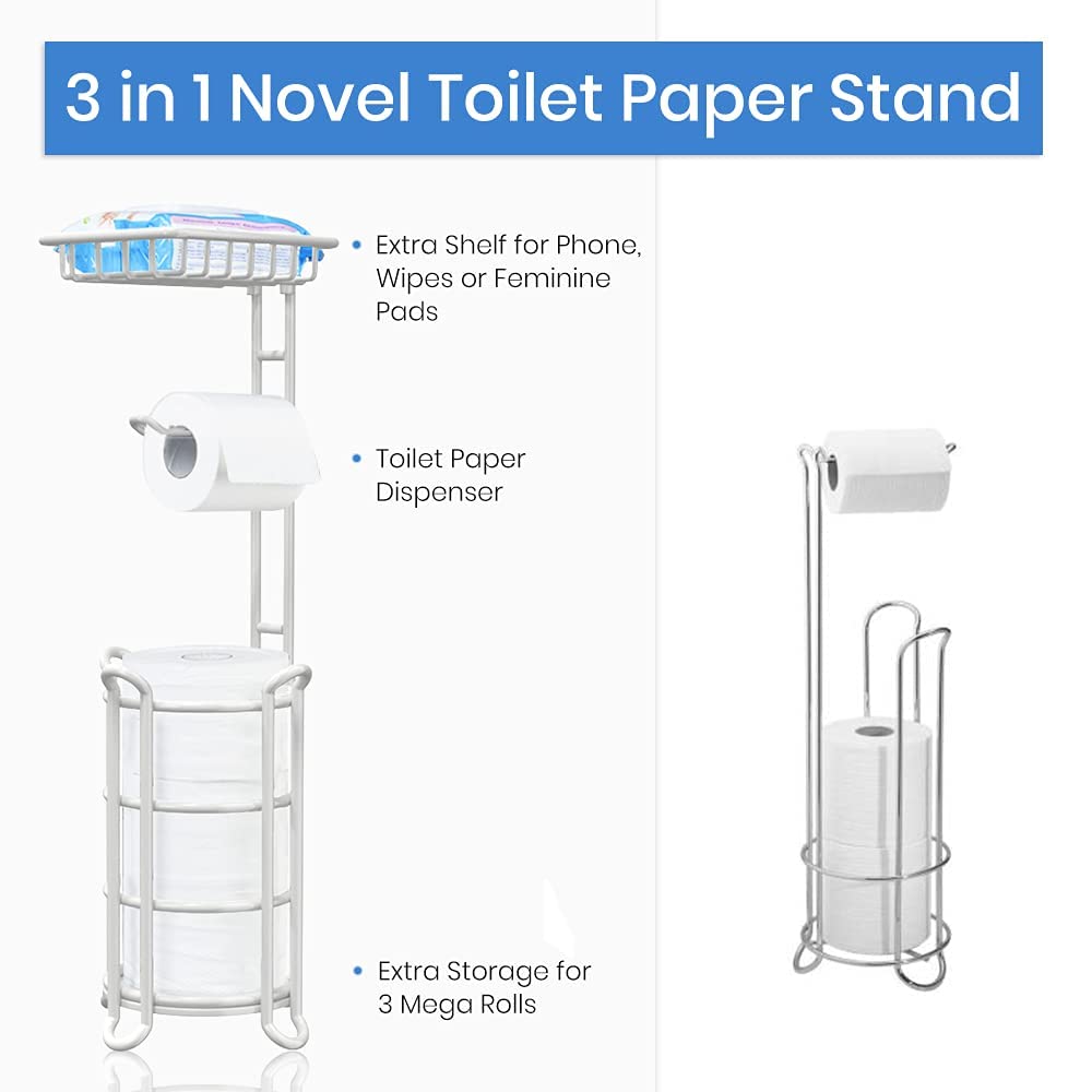 Upgraded Nautical Free Standing Toilet Paper Holder Stand with Top Shelf for Mega Rolls, Phone & Wipes - Ivory White | Bathroom Storage Organizer for Home, Boat & RV Use