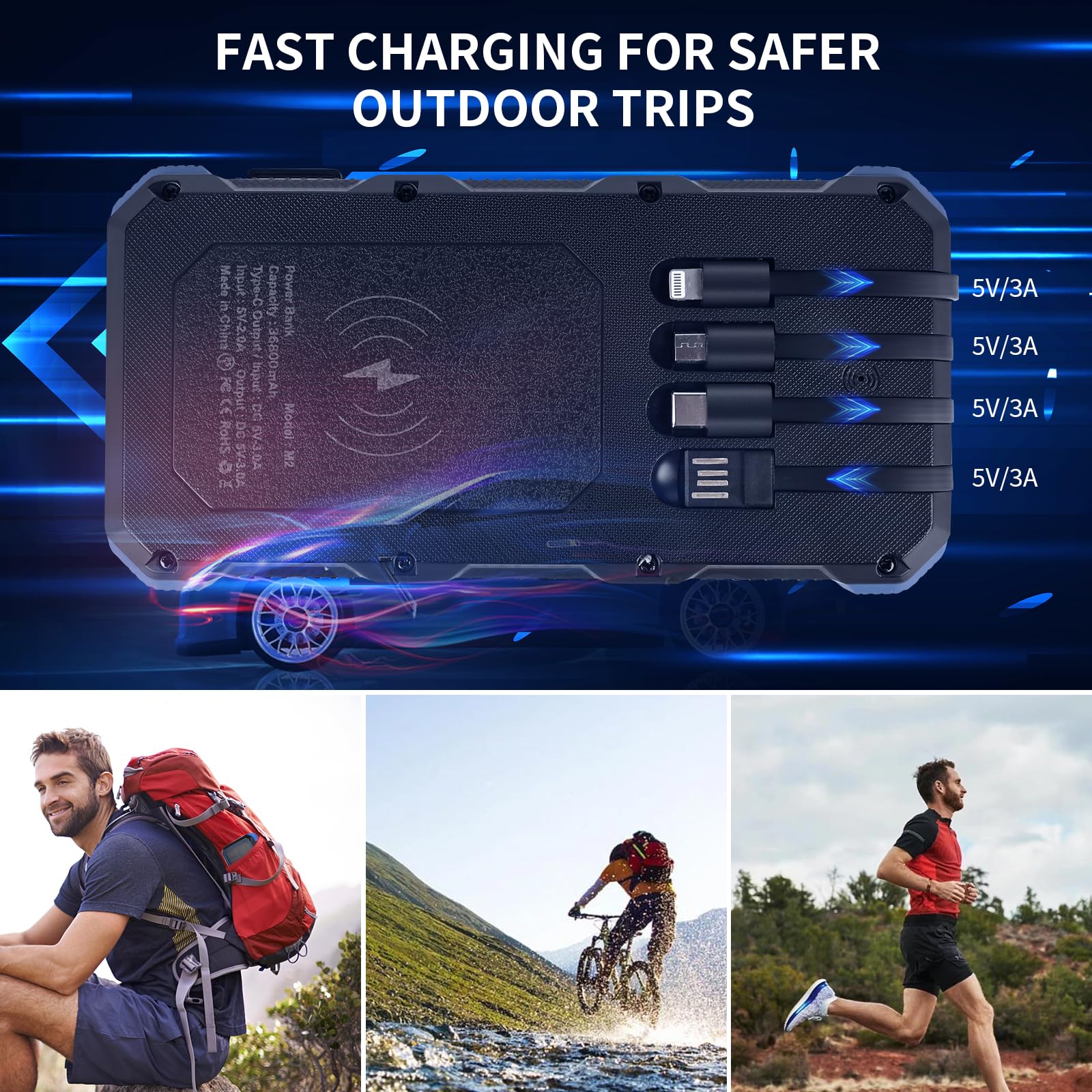 26800mAh Solar Power Bank with 15W Fast Charging & 4 Outputs - Portable Solar Charger for Smartphones, Tablets - Perfect for Camping, Hiking & Outdoor Adventures (Blue)