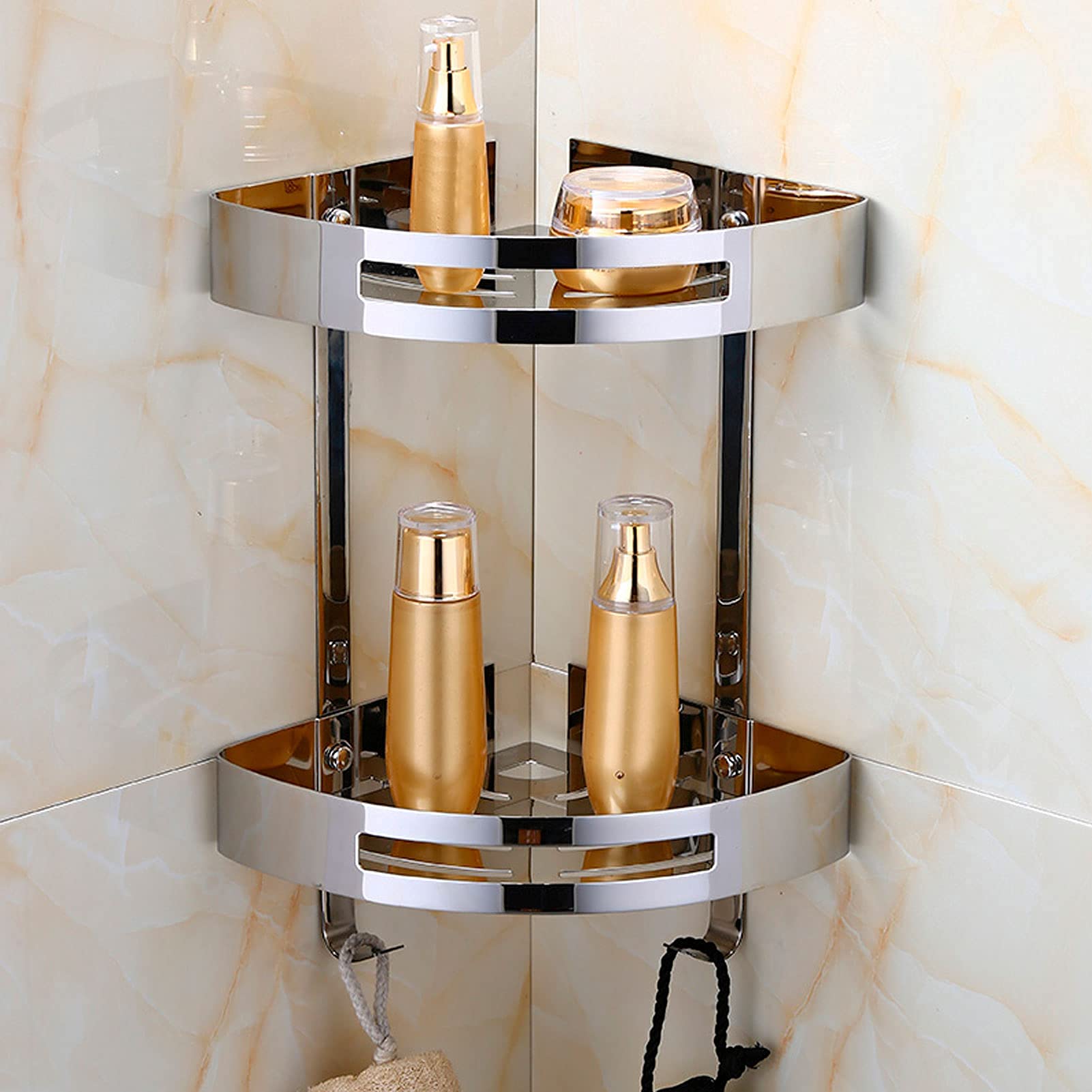 2-Tier Corner Shower Caddy - Multifunctional Bathroom Shelf & Storage Rack | Stackable Organizer for Cosmetics, Toiletries, Kitchen & Vanity | Rust-Resistant Silver Finish | Perfect for Small Bathrooms & Clutter-Free Showers