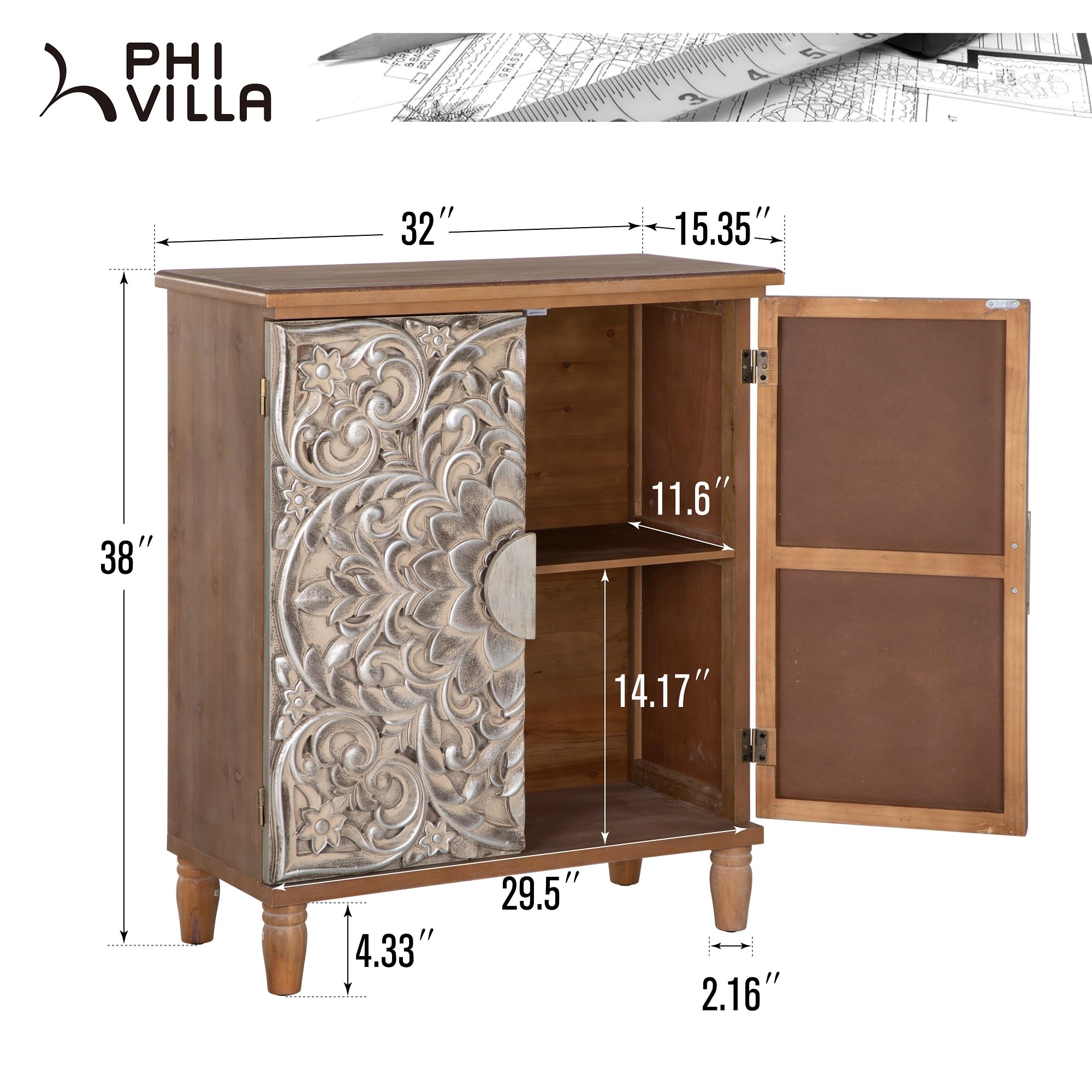 PHI VILLA Antique Accent Cabinet with Doors - Entryway Storage Cabinet, Buffet Sideboard for Living Room, Dining Room & Hallway Decor