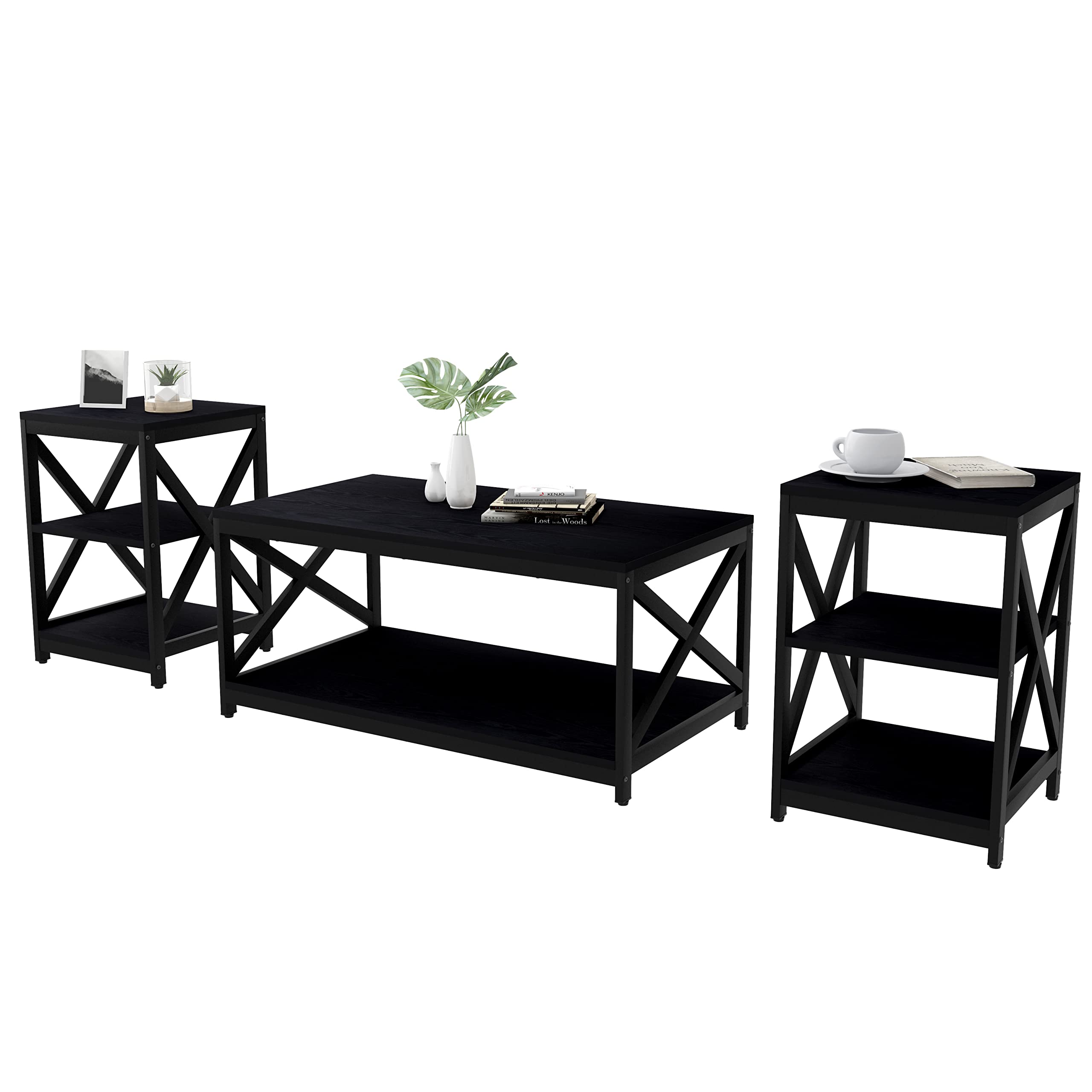 Bigbiglife 3-Piece Industrial X-Design Coffee Table Set with Storage - Coffee Table & 2 End Tables for Living Room, Apartment, Home Decor (Black) | Perfect for Small Spaces, Modern Furniture & Storage Solutions