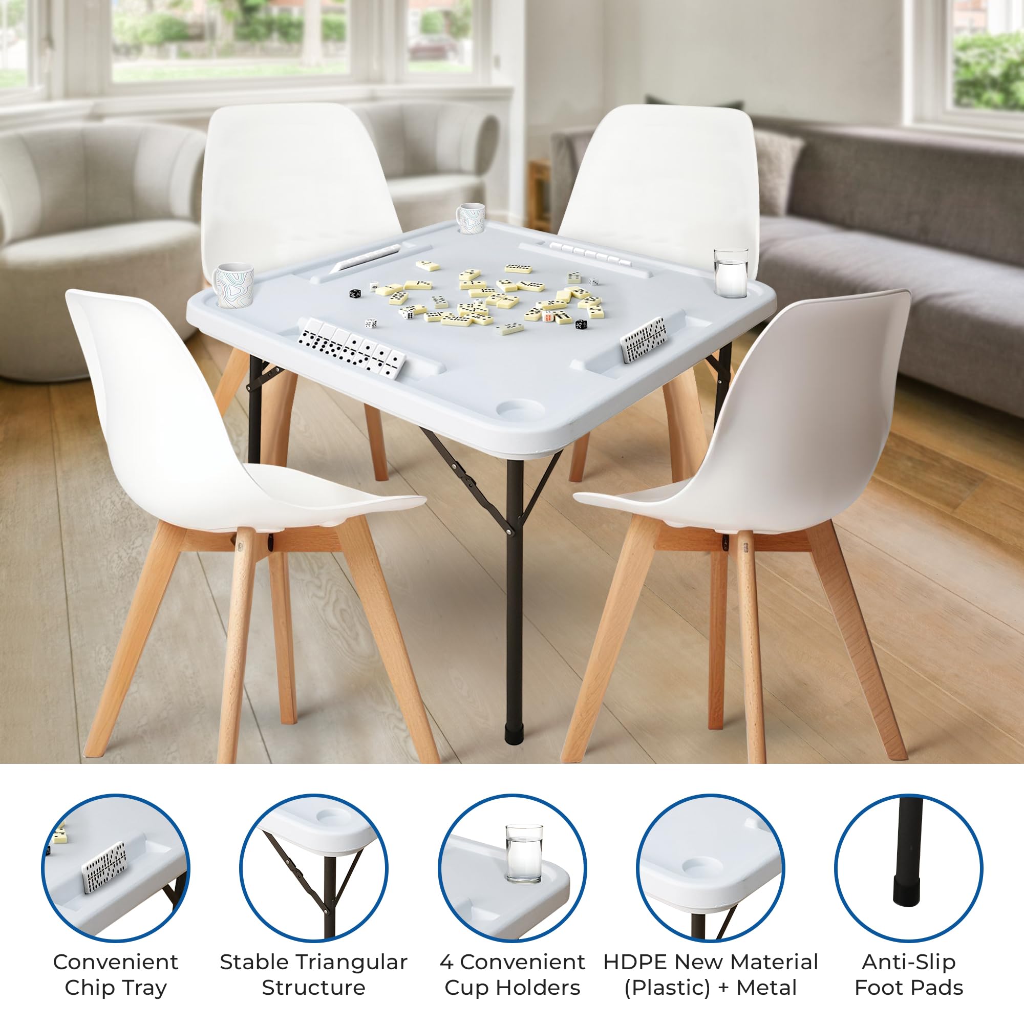 White Folding Domino Table with Built-in Cup Holders & Card Slots - 4 Player Portable Game Table for Mahjong, Poker, Puzzles & Board Games - Perfect for Parties, Game Nights & Outdoor Gatherings - White