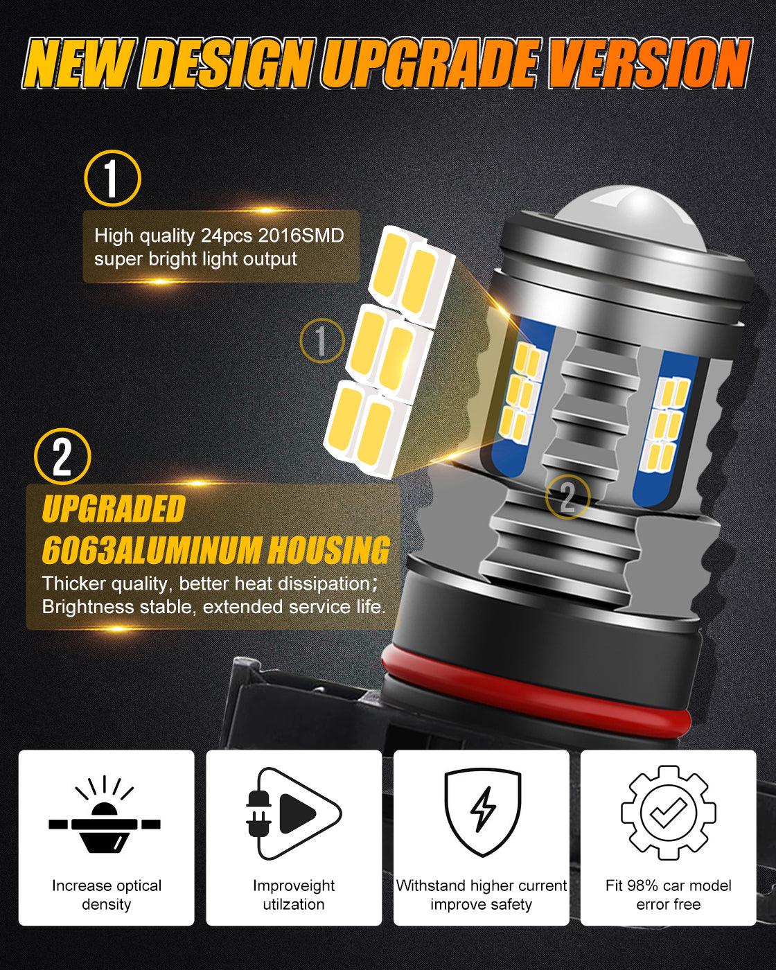 2-Pack Y2 Series 3-Sided Golden Yellow LED Fog Lights & DRL Bulbs - 5202/5201/PS24W/H16EU Compatible - Perfect for Enhanced Visibility in Foggy Conditions & Stylish Daytime Running Lights
